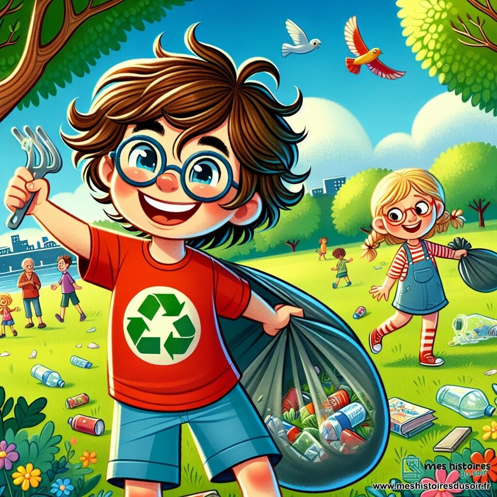 Un garçon de 8 ans, Lucas, avec des cheveux bruns en désordre et des yeux pétillants, ramasse des déchets dans un parc ensoleillé. Il porte un t-shirt rouge avec un super-héros et un short bleu, affichant un grand sourire. À ses côtés, sa meilleure amie Emma, également âgée de 8 ans, avec des cheveux blonds tressés et des lunettes rondes, tient un sac poubelle rempli de déchets, affichant un air déterminé. Le parc est verdoyant, avec des arbres majestueux, des fleurs colorées et des oiseaux chantant. Des enfants jouent en arrière-plan, tandis que des adultes les regardent avec admiration. La scène illustre leur mission de rendre le parc plus propre et plus beau.