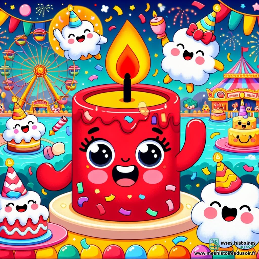 Au centre de l'image, une bougie rouge nommée Coco, avec une mèche dansante et un grand sourire, flotte joyeusement, entourée de confettis colorés et de petits gâteaux décorés. À côté, Venti, un nuage blanc aux joues roses, virevolte avec enthousiasme, montrant le parc d'attractions en contrebas. Le décor est vibrant, avec des manèges scintillants, des lumières clignotantes et des enfants riant. En arrière-plan, une grande roue illuminée tourne lentement, tandis que des feux d'artifice éclatent dans le ciel étoilé. La scène représente Coco et Venti célébrant un anniversaire magique, entourés de guimauves dansantes, créant une atmosphère festive.