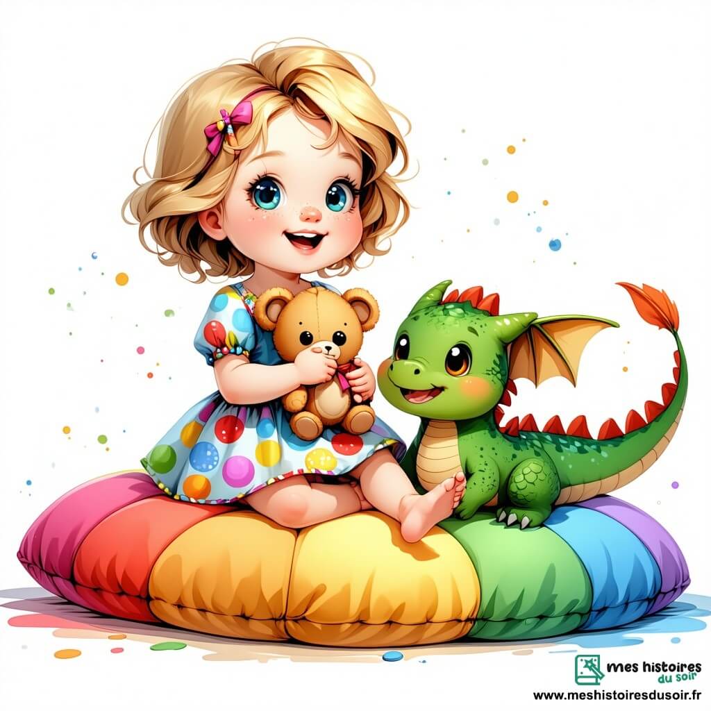 Zoé, une petite fille de 1 an aux boucles dorées, est assise sur un coussin en mousse coloré, souriante. Elle porte une robe à pois multicolores et tient son ours en peluche, Nono. Drago, un petit dragon vert de la taille d'un chat, vole joyeusement autour d'elle, ses écailles scintillant au soleil. La scène se déroule dans un monde magique avec des arbres aux troncs rayés et des fleurs musicales. Le sol est recouvert de gelée verte, et des papillons multicolores dansent dans l'air. Zoé et Drago cherchent un trésor caché, riant ensemble en grimpant sur une montagne de coussins en mousse, impatients de découvrir une boîte de biscuits en forme d'étoiles.