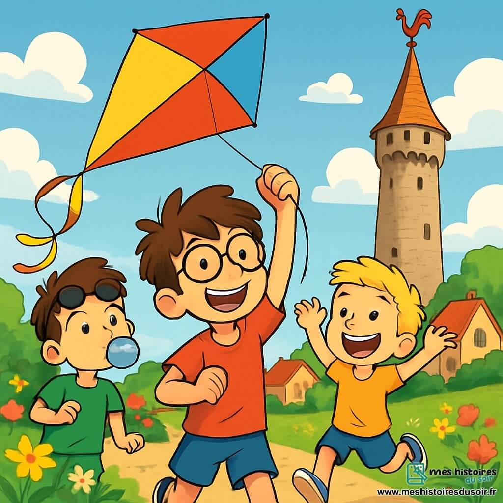 Il y a trois personnages : Max, un garçon de 8 ans avec des lunettes rondes, des cheveux châtains en bataille et un t-shirt rouge, tenant un cerf-volant géant avec un grand sourire ; Léo, également âgé de 8 ans, rapide, avec des cheveux blonds en brosse et un short bleu, courant à côté de Max avec les bras levés ; et Jules, un garçon de 8 ans avec des cheveux bruns et des lunettes de soleil sur le front, portant un t-shirt vert, regardant le cerf-volant en mâchant un chewing-gum. L'action se déroule dans le parc de Tourneboule, un endroit ensoleillé avec des maisons colorées en arrière-plan et des fleurs multicolores. Les trois amis font voler leur cerf-volant qui s'élève dans le ciel, riant et s'encourageant, tandis qu'il esquive une girouette en forme de coq au sommet de la Grande Tour de Tourneboule, créant une scène pleine d'énergie.
