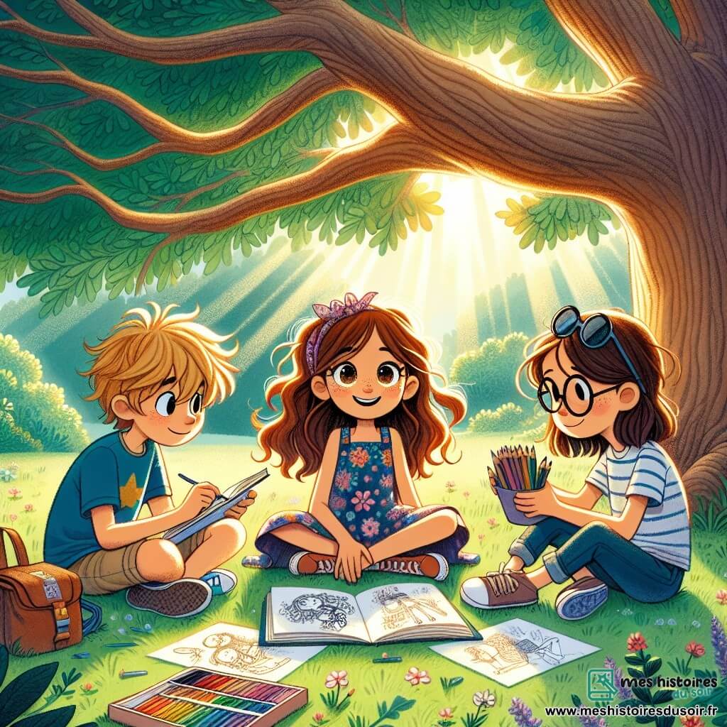 Il y a trois personnages principaux : Clara, une fille de 10 ans à longs cheveux bruns, portant une robe colorée et tenant un album de dessins ; Lucas, un garçon de 10 ans avec des cheveux blonds en bataille et des lunettes rondes, vêtu d’un t-shirt bleu et d’un short beige, souriant avec une boîte de crayons de couleur ; et Emma, une fille de 10 ans avec des cheveux châtains et des lunettes de soleil, portant une blouse à pois et un jean, assise sur l’herbe, prête à écouter Clara. Ils sont dans un parc verdoyant sous un grand chêne, entourés de fleurs sauvages et de rayons de soleil. Clara dessine des souvenirs de son grand-père, tandis que Lucas et Emma l’écoutent, partageant rires et histoires, illustrant l’amitié et le pouvoir des souvenirs face à la perte.