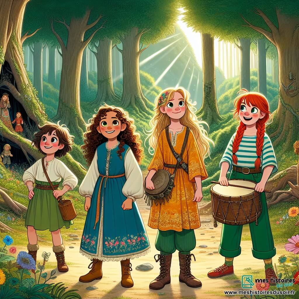Dans une forêt enchantée, quatre filles prêtes pour l'aventure se tiennent ensemble. Léa, 10 ans, a des cheveux bruns bouclés et porte une tunique bleue ; elle sourit avec détermination. Emma, 9 ans, avec des cheveux blonds tressés et une robe jaune, examine une carte ancienne. Chloé, 10 ans, en pantalon vert et t-shirt rayé, tient un tambour fait maison. Sophie, 9 ans, avec des cheveux roux en queue de cheval et une robe rouge, brandit une épée en bois. Elles se trouvent dans une forêt dense, illuminée par des rayons de soleil, avec une grotte mystérieuse en arrière-plan où se cache un dragon. Déterminées à sauver la princesse et ramener la paix, elles se préparent à affronter le dragon, unies dans leur courage.