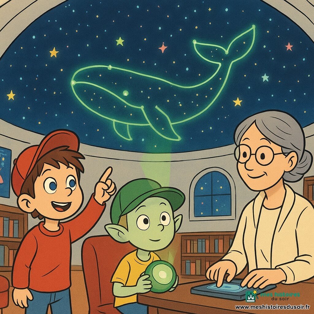 Dans un dôme stellaire de bibliothèque cosy aux voûtes blanches et plafonds projetant des étoiles colorées, Noé, garçon de 5 ans aux cheveux bruns en bataille et casquette rouge, debout à gauche, sourit et montre une constellation; Milo, extraterrestre de 5 ans à la peau vert pâle et casquette verte trop grande, assis au centre, tient un traducteur lumineux qui envoie un rayon vert modifiant la projection; Madame Lune, bibliothécaire d'âge moyen aux cheveux gris en chignon et tenue crème, à droite derrière une tablette, appuie calmement sur un bouton tactile; les étoiles se réorganisent en une constellation en forme de baleine lumineuse, les lumières clignotent doucement et tous ont une expression émerveillée.