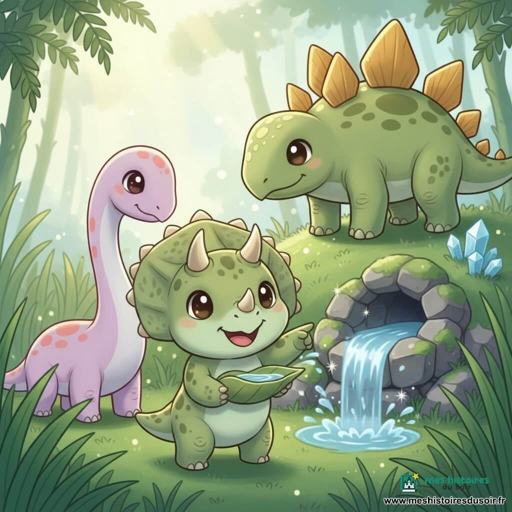 Théo, un jeune tricératops vert clair tacheté de brun au visage rond, tient une grande feuille d'eau scintillante et sourit ; Luna, une diplodocus lavande au long cou, boit émerveillée juste derrière lui, tandis qu'Argo, un sage stégosaure aux larges plaques dorées, pointe vers la petite grotte moussue d'où jaillit une source magique sur le sommet d'une colline d'émeraude couverte de cristaux, dans une atmosphère pastel lumineuse et joyeuse.