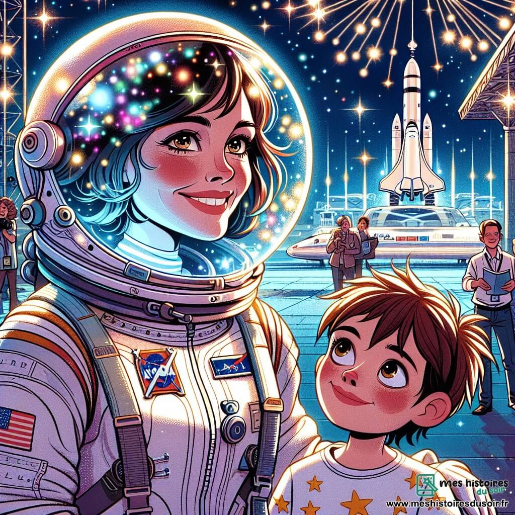Au premier plan, Camille, une femme astronaute d'une trentaine d'années, sourit radieusement en tenant son fils Jules, un garçon de dix ans, dans ses bras. Camille porte une combinaison spatiale blanche avec des détails colorés et un casque transparent. Jules, admiratif, est vêtu d'un t-shirt étoilé et d'un petit casque d'astronaute en plastique. En arrière-plan, le vaisseau spatial Aurora est posé sur le sol d'un aéroport spatial, entouré de journalistes et de membres de la NASA. La scène illustre leur réunion joyeuse après une longue mission spatiale, sous un ciel étoilé.
