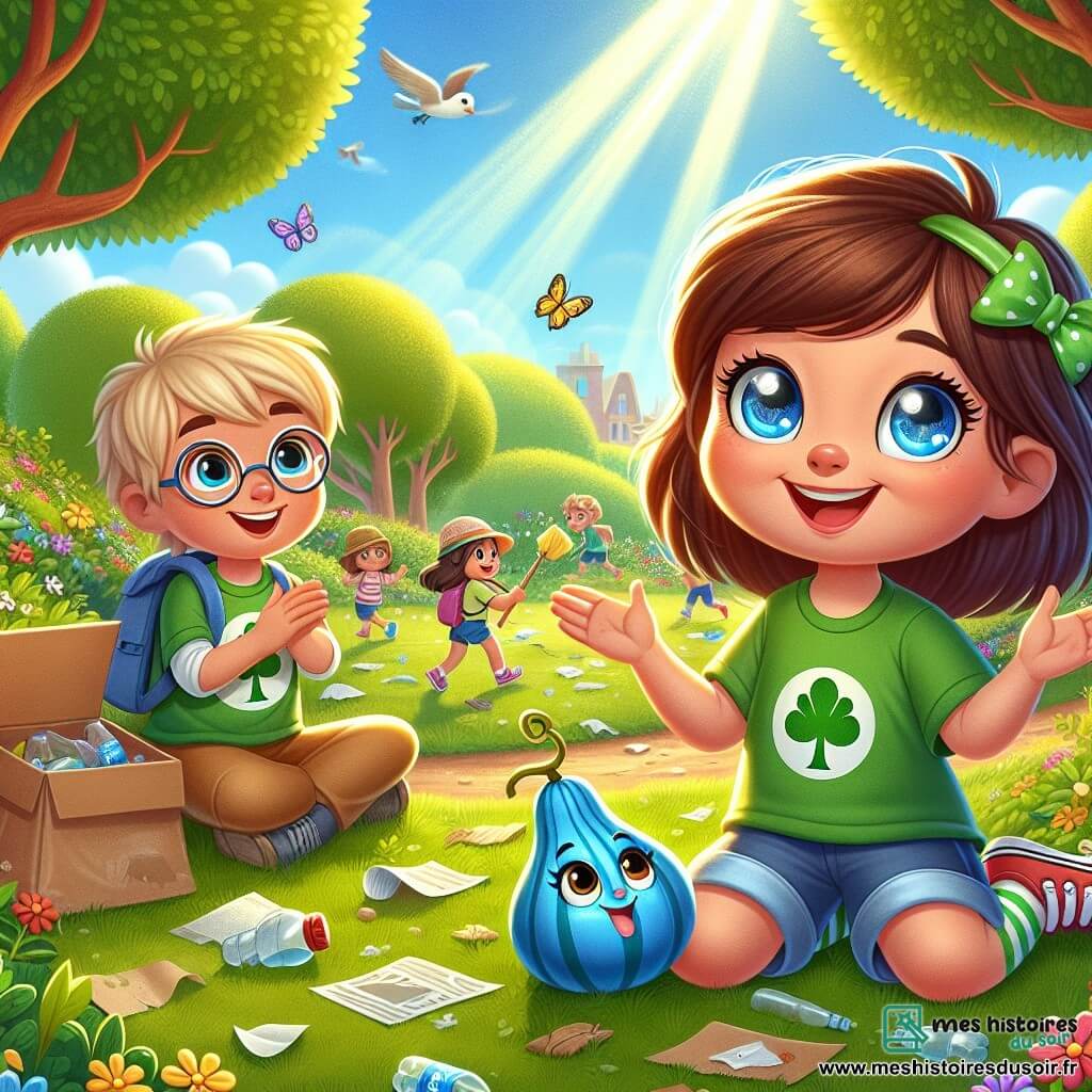 Léa, une petite fille souriante aux cheveux bruns et aux yeux pétillants, est assise sur l'herbe du parc avec une gourde bleue nommée Frimousse. Elle a un regard déterminé et joyeux. À côté d'elle, Tom, un garçon blond avec des lunettes rondes, applaudit avec un grand sourire, portant un t-shirt vert avec un arbre. Le parc est lumineux, rempli d'arbres, de fleurs et de papillons. En arrière-plan, des enfants jouent, ramassant des déchets et plantant des arbres. Léa et Tom nettoient le parc en ramassant des papiers et des bouteilles, riant et s'encourageant. Des rayons de soleil illuminent la scène, créant une atmosphère joyeuse et pleine d'espoir.