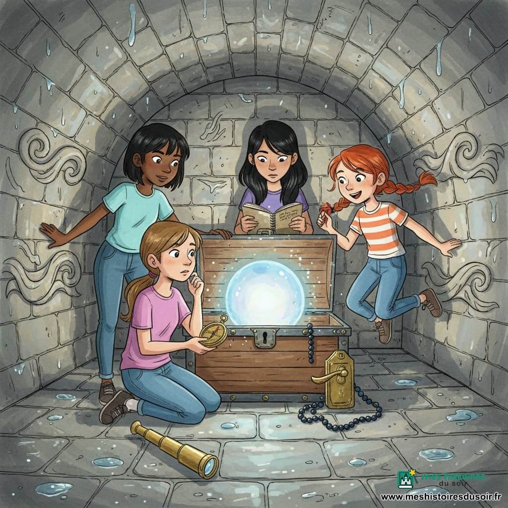 Quatre filles dans une petite salle de pierre sous un phare à voûte basse et murs gravés : Élise (~11 ans), cheveux châtain clair en queue basse, à genoux devant un coffre ouvert, pose une vieille boussole sur le couvercle ; Salomé (~12 ans), cheveux noirs courts, debout à gauche, posture protectrice, main sur le bord du coffre ; Nora (~10 ans), cheveux roux en tresses, à droite, saute de joie éclairée par la lueur ; Jade (~11 ans), cheveux noirs longs lâchés, derrière le coffre, penchée pour lire un carnet à la lueur. Du coffre s'élève une lumière nacrée comme une perle de lune qui révèle un carnet, une longue-vue en laiton et une poignée en bronze ; l'atmosphère est mystérieuse mais chaleureuse, avec ombres nettes, reflets humides sur la pierre et expressions de surprise, solidarité et émerveillement.