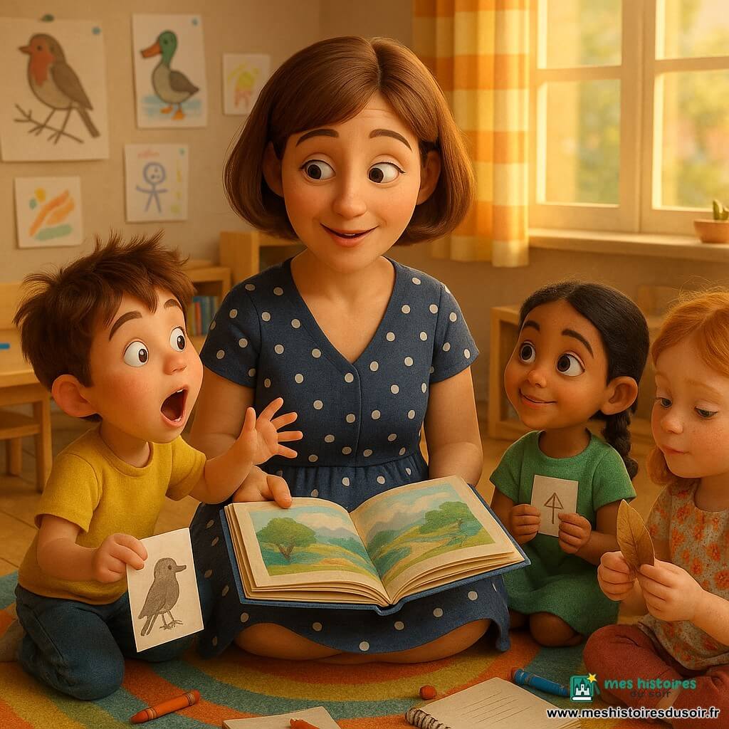 Une institutrice souriante et bienveillante, cheveux châtain clair au carré, porte une robe bleu marine et tient un grand livre d'images ouvert sur ses genoux, elle dit doucement "je ne sais pas" comme invitation ; les enfants forment un cercle chaleureux sur un tapis coloré — Tom, 6 ans, cheveux bruns en bataille et t-shirt jaune, tend la main vers le livre en tenant un dessin d'oiseau ; Lina, 6 ans, tresses noires et robe verte, regarde la maîtresse les yeux brillants en tenant une petite carte ; Marion, 5–7 ans, cheveux roux et blouse à fleurs, examine une plume en papier ; la classe, avec tables basses, posters d'oiseaux et grande fenêtre laissant entrer un soleil doré, dégage une ambiance de découverte partagée et de respect, carnets et crayons dispersés.