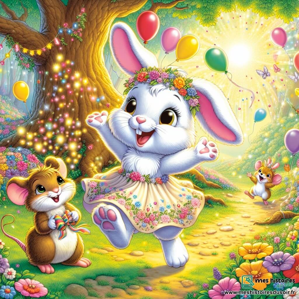 Dans une clairière enchantée, Léo, un jeune lapin aux grandes oreilles et à la fourrure blanche, saute de joie avec un visage rayonnant. Il porte un petit chapeau de fête et tient une invitation brillante. À ses côtés, Mina, une petite souris espiègle avec un pelage brun, danse joyeusement, souriante, vêtue d'une robe en fleurs et agitant des guirlandes scintillantes. Le décor magique comprend un grand chêne décoré, des ballons flottants et des fleurs multicolores. La scène montre Léo et Mina préparant une fête d'anniversaire joyeuse entourés de leurs amis animaux, remplie de rires et de couleurs.