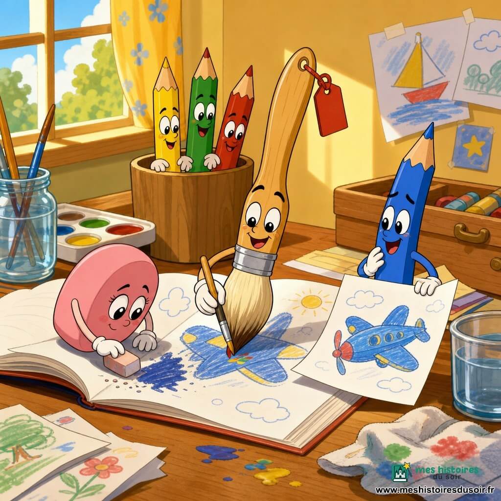 Pinceau, pinceau anthropomorphe aux poils doux et manche en bois clair, souriant et concentré, ajoute de fines touches colorées sur une feuille; Gommelette, gomme rose ronde aux yeux pétillants, timide mais déterminée, efface délicatement une tache bleue à gauche; à droite, un crayon bleu anthropomorphe, élancé et soulagé, tient sa feuille réparée et regarde ses amis; d'autres crayons colorés dans un pot en arrière-plan sont amusés; la scène se déroule sur un bureau d'enfant baigné de lumière chaude avec un cahier ouvert, tâches de peinture, pots d'eau et boîte à crayons en bois; ambiance de réparation et réconciliation créative, chaleureuse et complice.
