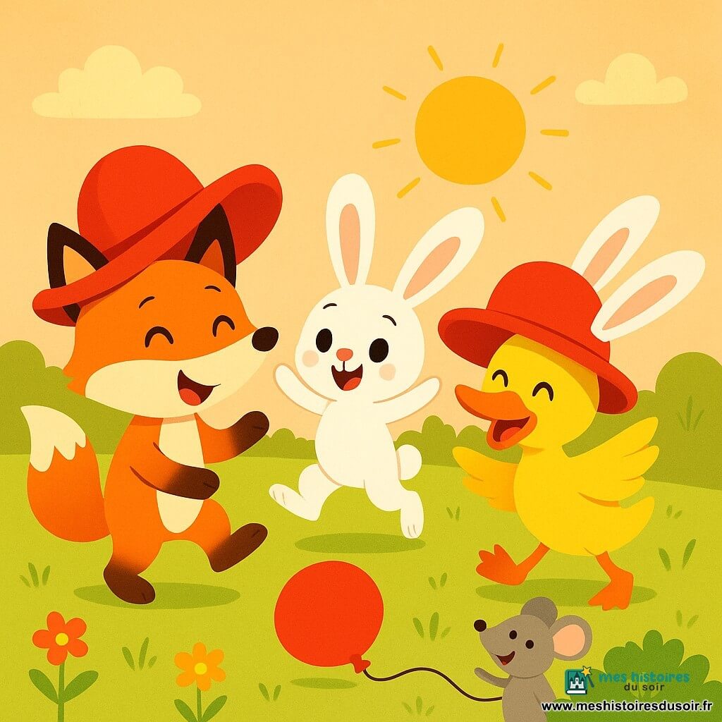 Un renard espiègle au pelage orange vif et portant un chapeau rouge trop grand sourit en tenant un ballon rouge. À ses côtés, un lapin aux grandes oreilles blanches saute de joie, tandis qu'un canard aux plumes jaunes essaie de porter le chapeau. Une petite souris grise sort d'un buisson avec un sourire malicieux, tenant également le ballon. Le décor est un pré verdoyant, rempli de fleurs colorées et baigné par la lumière dorée du soleil couchant, où les amis rient et jouent autour du ballon.