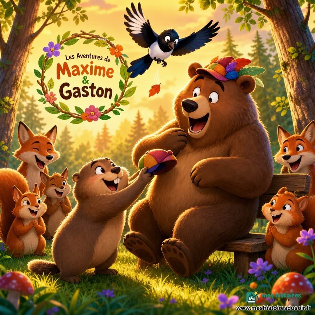 Maxime, une marmotte ronde et duveteuse sourit en tendant une casquette colorée ornée de plumes vers son ami ; Gaston, un grand ours brun au pelage épais, est assis sur un banc à droite avec la casquette sur la tête, riant aux éclats. Lili la pie vole au‑dessus en laissant tomber une feuille, tandis qu'écureuils et renards forment un demi‑cercle derrière le banc en faisant des grimaces. La clairière, baignée de lumière dorée du coucher de soleil, présente herbe verte, fleurs violettes, champignons rouges et grands arbres à troncs texturés ; au sol un logo joyeux fabriqué de feuilles, bâtons et fleurs est posé devant le banc. Atmosphère chaleureuse, couleurs saturées, ombres longues et reflets brillants sur poils et plumes, composition centrée sur l'instant du rire de Gaston, style graphique moderne aux textures lisses et palette vive, accessible aux enfants.