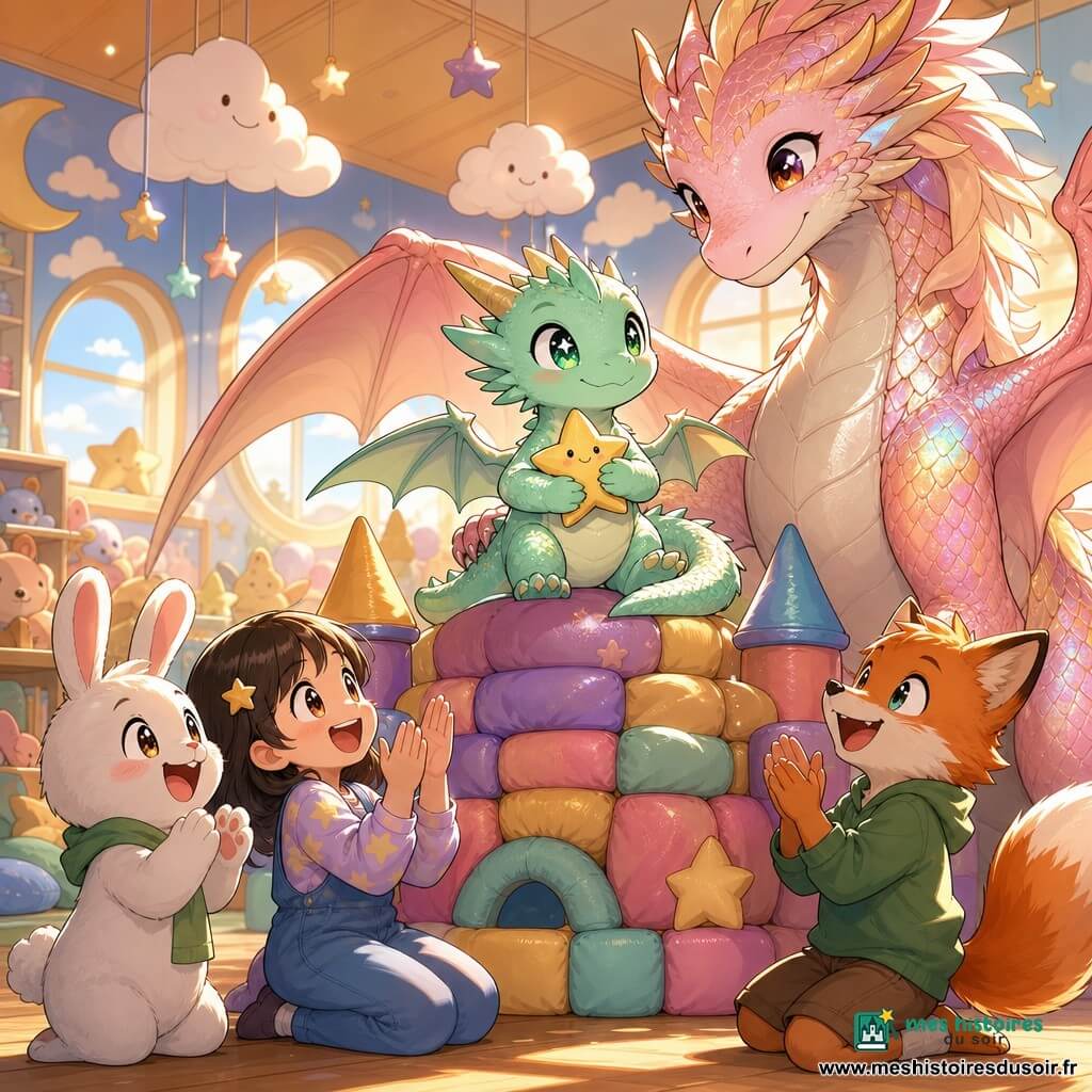 Léo, petit dragon mâle de la taille d'un chien aux écailles vert menthe pailletées et yeux brillants, sourit fièrement assis au sommet d'un château de coussins colorés en tenant une étoile en peluche; sa maman, grande et douce aux écailles irisées rose doré, pose une aile protectrice sur son épaule; trois amis (un lapin en peluche animé, une petite fille et un garçon renard) applaudissent en bas dans une salle de jeux lumineuse aux murs nuageux, mobiles d'étoiles et lumière dorée — moment de triomphe chaleureux, ambiance pastel et sécurisante.