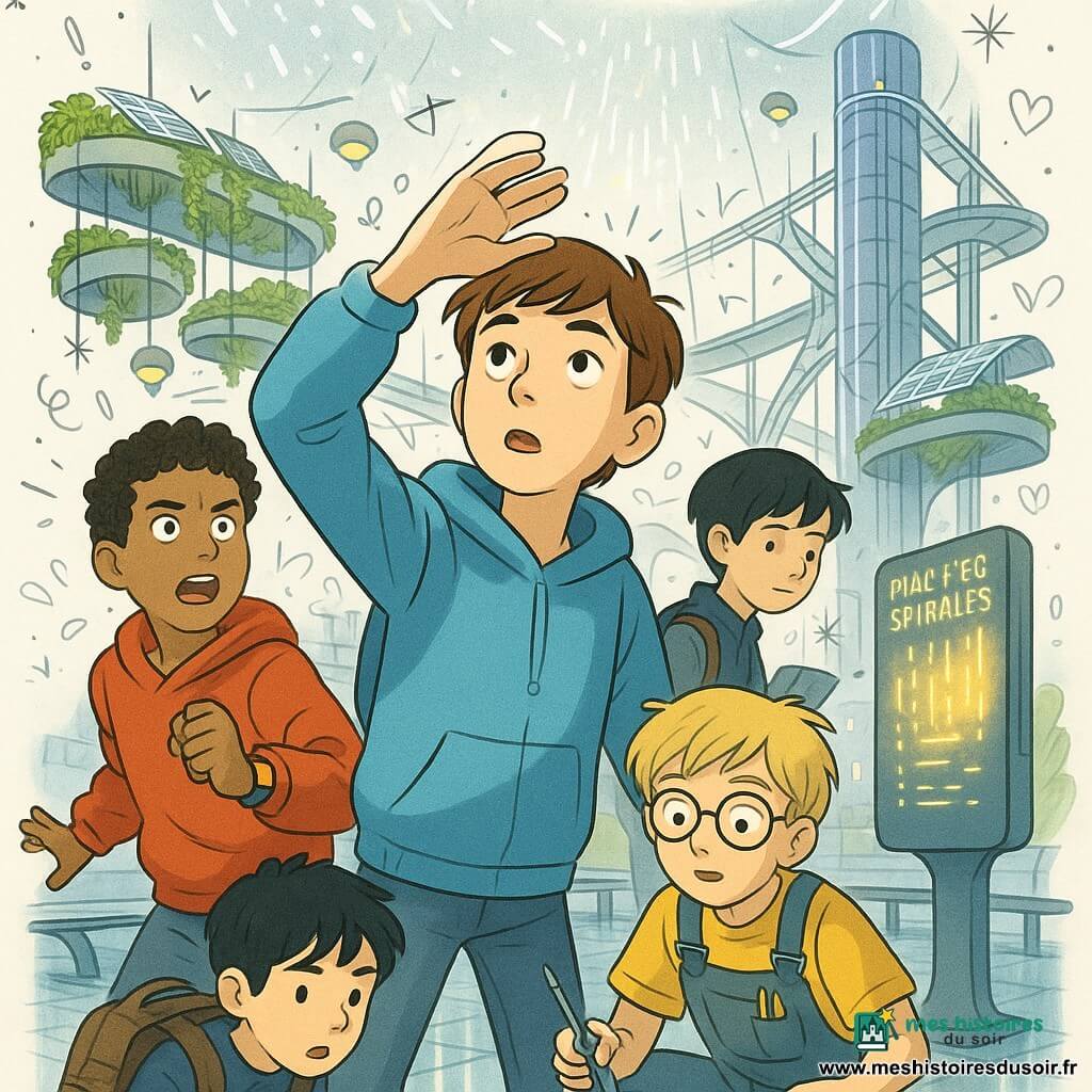Quatre garçons d'environ 12 ans — Noé, châtain, veste à capuche bleu ciel, au centre, main levée vers le ciel ; Malik, peau mate, cheveux bouclés, sweat rouge, à gauche montrant sa montre vibra ; Jules, blond en bataille, lunettes rondes, salopette à poche à outils, à droite accroupi tenant un tournevis et un module électronique ; Sacha, cheveux noirs lisses, calme, sac à dos avec cartes, légèrement derrière consultant une borne lumineuse — observent un micro-panne du Nuage-Écran semi-translucide qui clignote et projette une pluie de lumière sur les jardins et panneaux solaires. Ils se tiennent sur la Place des Spirales, sol en carreaux de verre réfléchissant, bancs en métal poli et terrasses de plantes derrière eux, entourés des tours métalliques et vitrées de la Cité d’Aurélia, ponts transparents et drones-lampions flottants; détails techniques (câbles, borne clignotante, module ouvert) visibles au sol. Palette contrastée : tons argentés et bleus pour la ville, verts chauds pour les jardins, touches rouges et jaunes vives sur vêtements et voyants.