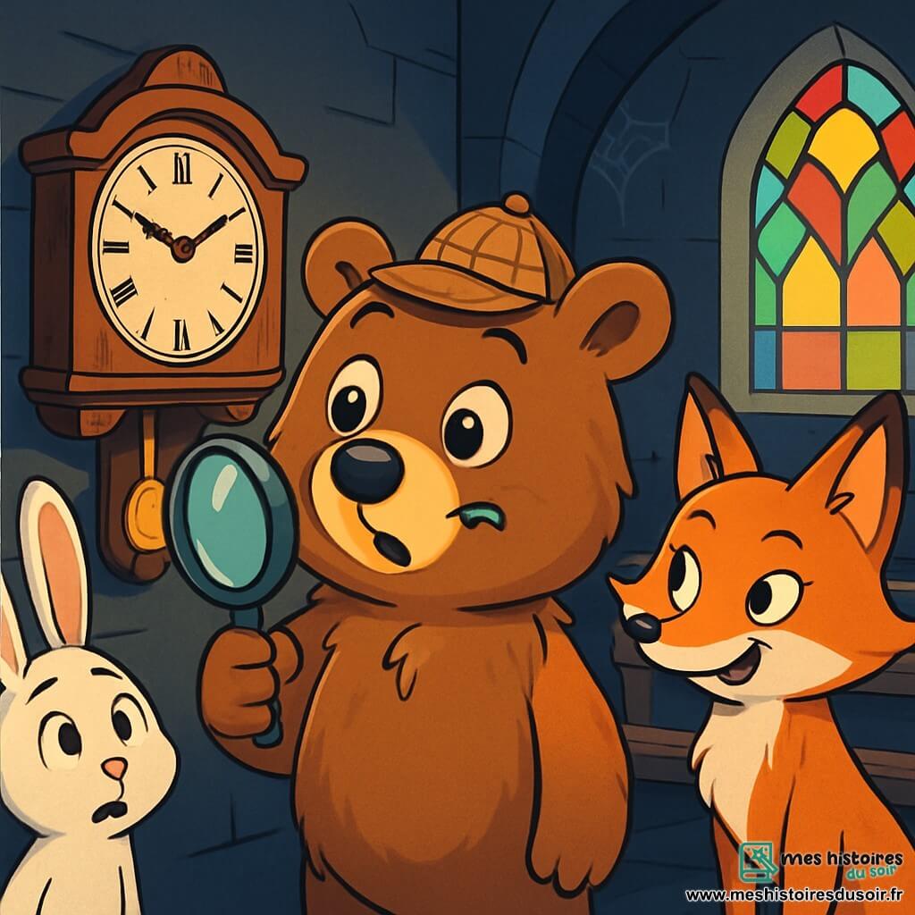 Un ours nommé Max, aux poils bruns et soyeux, se tient au centre de la scène, les yeux brillants d'excitation, portant un chapeau de détective et tenant une loupe, scrutant une vieille horloge en bois. À ses côtés, une renarde nommée Lily, avec un pelage orange vif et un sourire espiègle, observe la scène. Un lapin nommé Hugo, aux grandes oreilles et au pelage blanc, se tient en retrait, l'air inquiet mais curieux, regardant l'horloge avec surprise. L'intérieur de l'église est sombre et mystérieux, avec des bancs en bois usés et des rayons de lumière filtrant à travers les vitraux colorés. Max et ses amis découvrent que l'horloge s'est arrêtée, entourés d'une atmosphère d'aventure et de mystère, prêts à résoudre l'énigme.