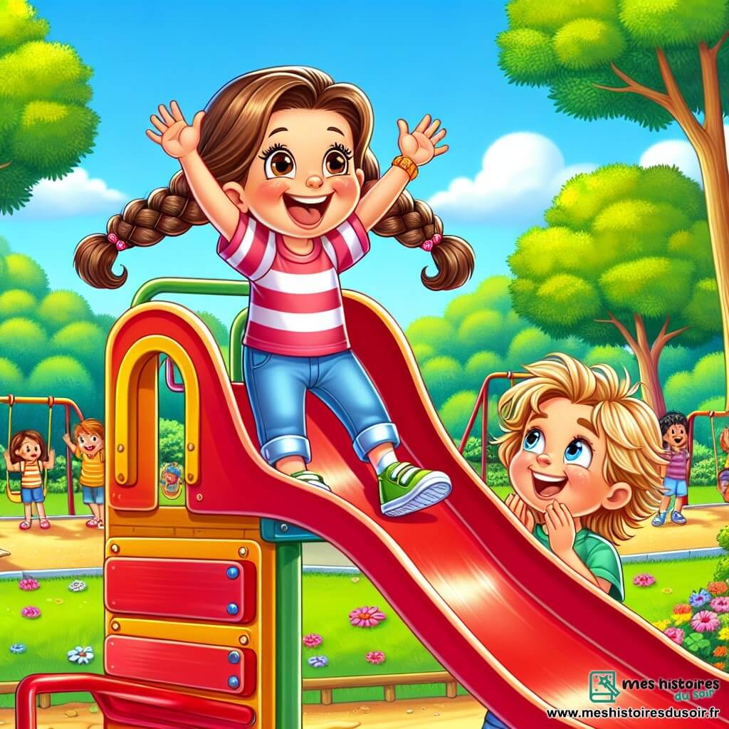 Maëlys, une fille de 8 ans, souriante et pleine d'énergie, se tient au sommet d'un toboggan rouge, levant les bras en riant. À côté d'elle, son petit frère Lucas, 5 ans, applaudit avec enthousiasme. Le parc est verdoyant avec de grands arbres, des fleurs colorées et un ciel bleu clair. D'autres enfants jouent sur des balançoires et des structures de jeux. Maëlys s'apprête à glisser sur le toboggan, tandis que Lucas l'encourage avec un sourire. L'atmosphère est joyeuse, capturant l'esprit d'une journée d'aventure entre frères et sœurs.
