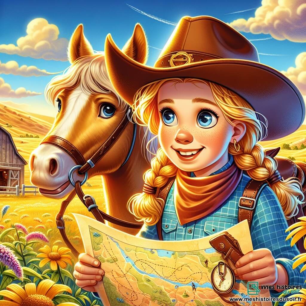 Lou, une jeune cow-girl déterminée, porte un grand chapeau de cowboy et des bottes en cuir brun. Ses cheveux blonds sont en nattes, et son visage est illuminé par un sourire d'excitation. Elle tient une carte, scrutant le sol avec curiosité. À ses côtés, Biscotte, son cheval au pelage doré, se tient prêt à l'aventure. Le décor est un ranch pittoresque avec une écurie en bois et des champs de fleurs sauvages. Au loin, des collines dorées se dessinent sous un ciel bleu. Lou examine des traces mystérieuses sur le sol, prête à découvrir un trésor caché, tandis que Biscotte semble impatient de partir à l'aventure.