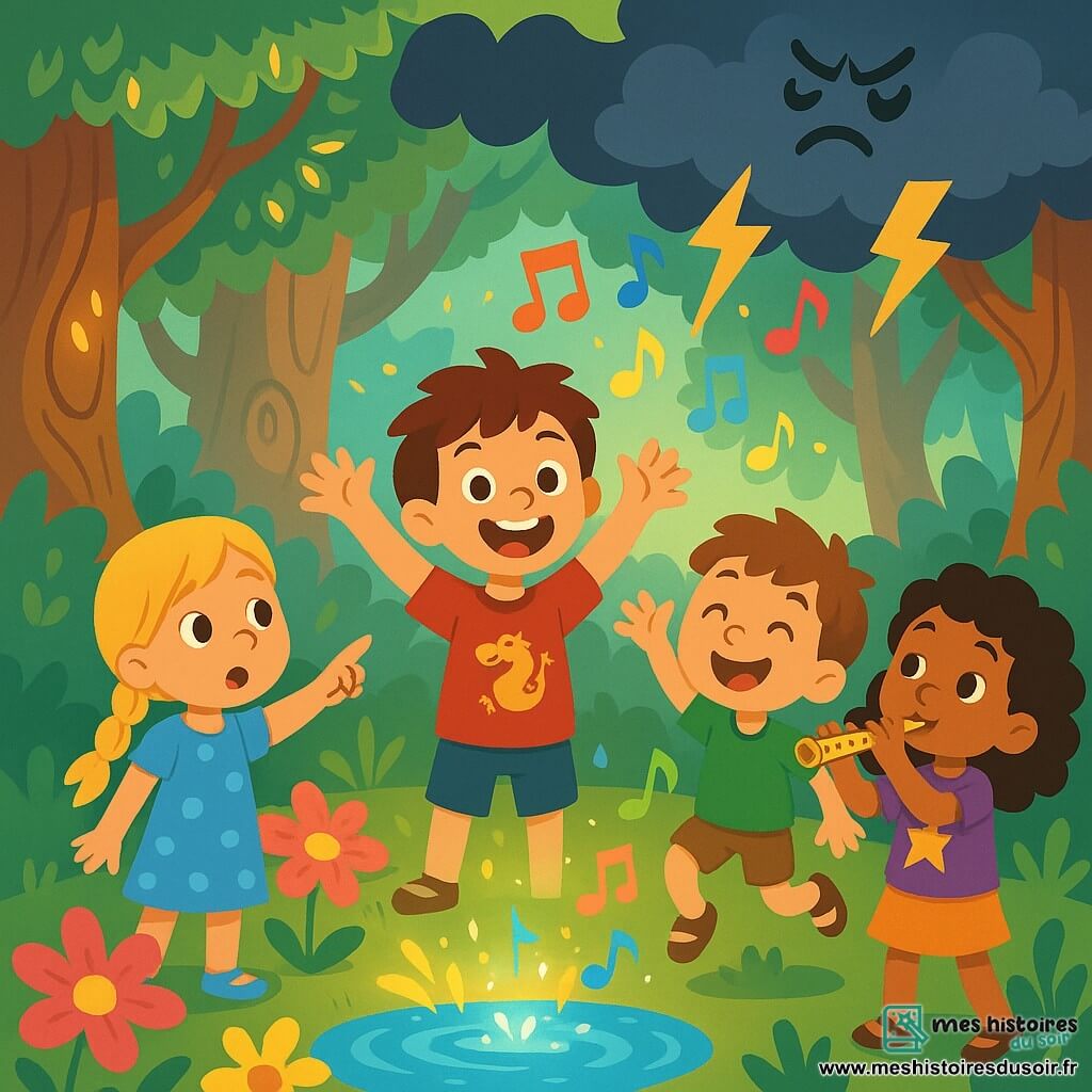 Quatre enfants se retrouvent dans une forêt enchantée : Lucas, 8 ans, au centre avec un t-shirt rouge et un grand sourire ; Clara, 7 ans, à gauche, avec une robe bleue, pointant une source scintillante ; Tom, 6 ans, à droite, en short vert, sautant de joie ; et Mia, 7 ans, en arrière, tenant une flûte en or. La forêt est magique, avec de grands arbres aux feuilles brillantes et des fleurs colorées autour d'une source d'eau cristalline. Les enfants, unis, sont déterminés à repousser un nuage sombre menaçant, tandis que des notes de musique colorées illuminent la scène.