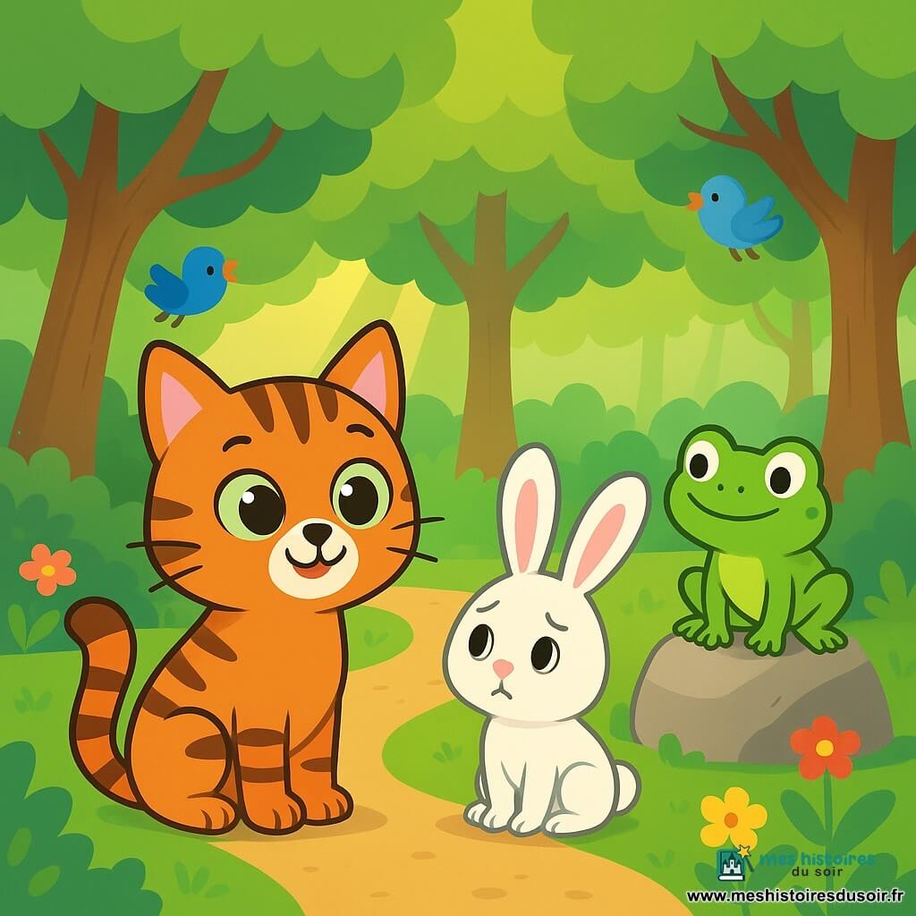 Un chat nommé Félix, aux poils doux et rayés de noir et orange, se tient au centre de la scène avec un regard curieux et joyeux. À côté de lui, un lapin nommé Théo, aux grandes oreilles et à la fourrure blanche, regarde timidement autour de lui, inquiet. Un peu plus loin, une grenouille verte nommée Léon, avec un sourire fier, se tient sur une pierre, prête à sauter. La scène se déroule dans une forêt enchantée, avec des arbres majestueux et des fleurs colorées. Félix et Théo découvrent un chemin mystérieux, tandis que Léon se prépare à montrer ses talents de saut. L'atmosphère est pleine d'aventure et de camaraderie, avec des couleurs vives et des expressions joyeuses.