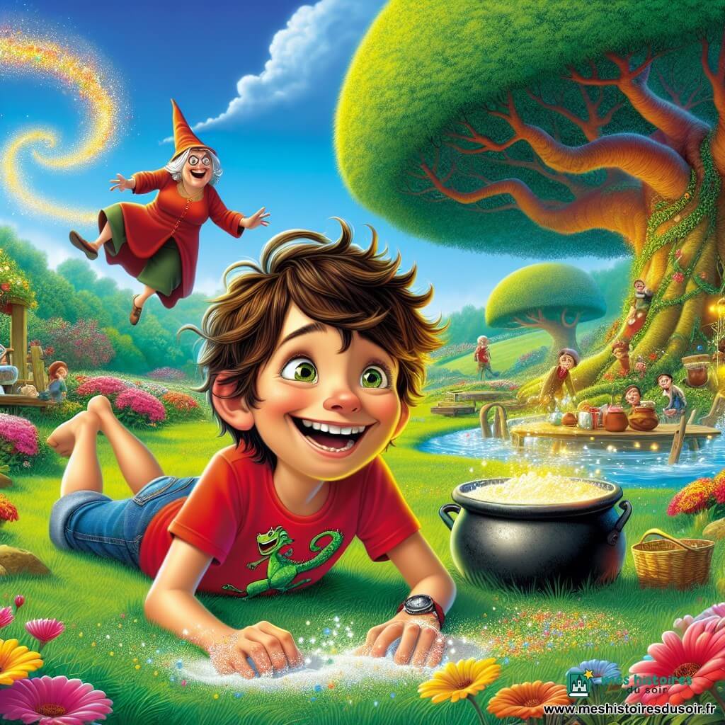 Lucas, un garçon de 10 ans aux cheveux bruns en bataille et aux yeux curieux, est allongé sur l'herbe, riant. Il porte un t-shirt rouge avec un dragon et un short en jean. À côté de lui, sa mère, une femme d'une trentaine d'années avec des cheveux châtains en chignon et un chapeau de magicien, s'affaire autour d'un chaudron bouillonnant, les mains pleines de farine et de confettis. Le jardin est magique, avec des fleurs éclatantes, des gnomes de jardin et une tondeuse à gazon dansante. En arrière-plan, un grand chêne majestueux s'élève. La scène montre Lucas et sa mère préparant un petit-déjeuner enchanté avec des pancakes flottants, créant une ambiance humoristique et féerique.