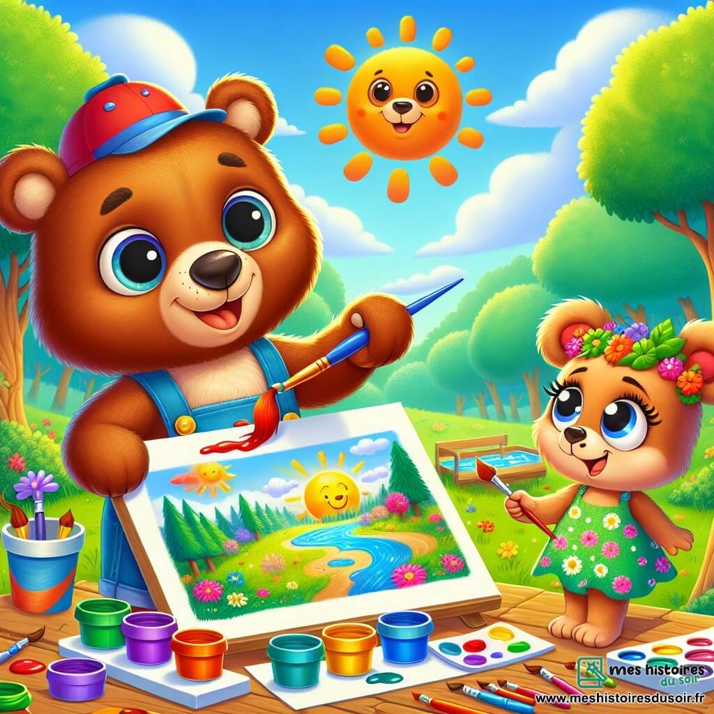 Petit Ours nommé Oscar, un ours brun aux grands yeux ronds et un sourire éclatant, peint un paysage ensoleillé sur une grande feuille blanche. Il porte un chapeau rouge et un short bleu, affichant une expression joyeuse et concentrée. À côté de lui, Zoé, une petite ourse en robe verte à fleurs avec des couettes, admire son œuvre, prête à peindre son propre dessin. La scène se déroule dans un atelier de peinture en plein air, entouré d'arbres aux feuilles brillantes et de fleurs colorées, avec des pots de peinture vifs sur une table en bois, sous un ciel bleu clair. Oscar et Zoé s'amusent à créer des œuvres d'art ensemble dans une ambiance joyeuse et amicale.