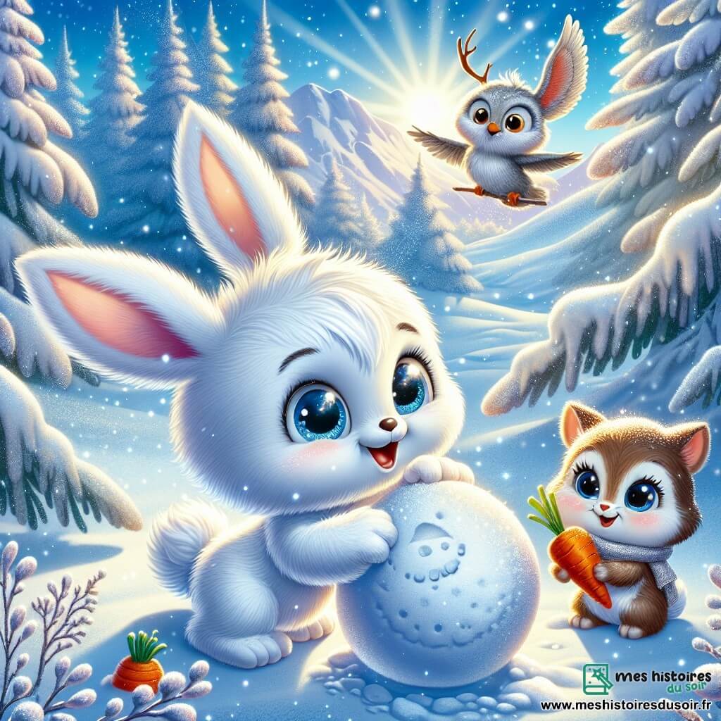 Flocon, un petit animal aux grandes oreilles et au pelage blanc, construit un bonhomme de neige dans une clairière ensoleillée. Il a des yeux pétillants de joie et un large sourire, tandis qu'il roule une boule de neige. À côté de lui, Gracie, une lapine aux grandes oreilles et au pelage brun, saute de joie en tenant une carotte pour le nez du bonhomme. Hugo, un hibou sage avec des plumes grises et des lunettes rondes, est perché sur une branche, observant ses amis avec tendresse. La scène se déroule dans une forêt enchantée, avec des flocons de neige tombant doucement et un sol recouvert d'une épaisse couche de neige scintillante. Flocon et ses amis partagent des rires et des moments de bonheur en cette belle journée d'hiver.