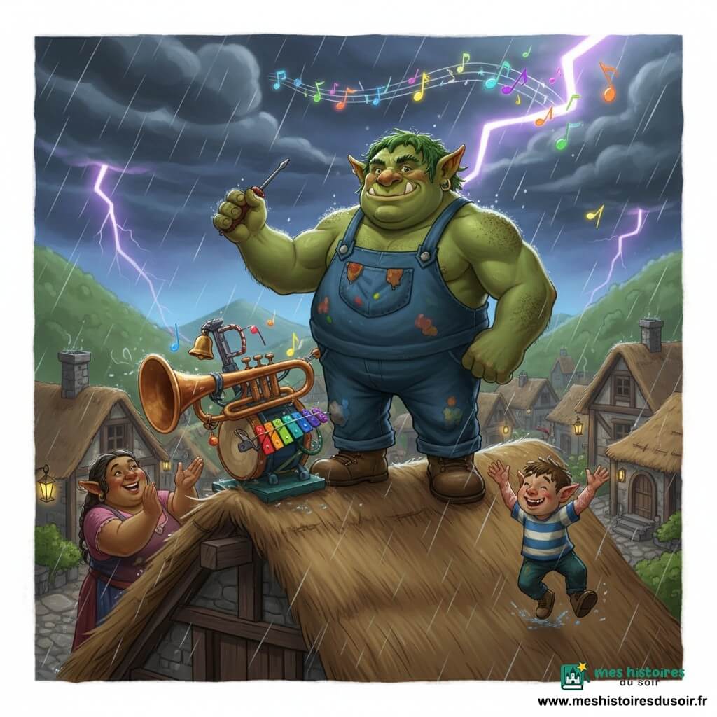 Un ogre mâle grand et rondelet à la peau verte veloutée, cheveux mousseux, sourire confiant et yeux pétillants, fixe fièrement sur son toit une machine bricolée. Il porte une salopette en toile bleu foncé couverte de taches, de grosses bottes en cuir et tient un tournevis rouillé. En bas, sur la place à gauche, une ogresse adulte ronde et souriante à la peau olive et cheveux tressés applaudit. À droite, un petit ogre d'environ 8 ans aux dents manquantes et chemise rayée saute de joie sous la pluie, les bras levés. Le village compte des maisons en pierre aux toits touffus, ruelles pavées brillantes de pluie, lampes à huile scintillantes et collines verdoyantes en arrière-plan. Sur le toit, l'Attrape-Tonnerre est un assemblage coloré de trompette rouillée, tambour cabossé et xylophone arc-en-ciel, câbles brillants et petites cloches. Le ciel dramatique, nuageux avec éclairs violets et grosses gouttes lumineuses, accompagne l'instant où la machine transforme un coup de tonnerre en une douce mélodie de notes colorées qui s'envolent au-dessus du village.
