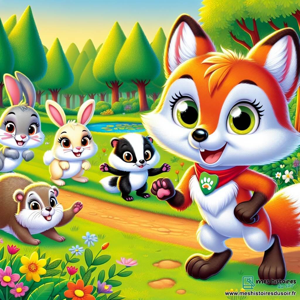 Illustration d'un petit renard roux aux grands yeux pétillants et à la fourrure brillante, exprimant détermination et chaleur. Il se tient au centre de la clairière, prêt à encourager ses amis pour la course, les pattes légèrement levées. À côté, une lapine aux longues oreilles et au pelage crème exprime joie et excitation, sautillant sur place, prête à commencer. Un petit blaireau au pelage noir et blanc, en retrait, affiche une expression d'encouragement, levant une patte pour applaudir. La clairière verdoyante est baignée par la lumière dorée du soleil couchant, entourée d'arbres majestueux et de fleurs colorées, avec un étang aux Nénuphars à proximité. Les animaux se rassemblent pour la course, unis dans l'esprit d'égalité et d'amitié, tandis qu'un lynx en arrière-plan s'apprête à donner le signal de départ. Des médailles en feuilles dorées, des drapeaux colorés flottants et des sourires illustrent l'esprit de camaraderie et de joie.