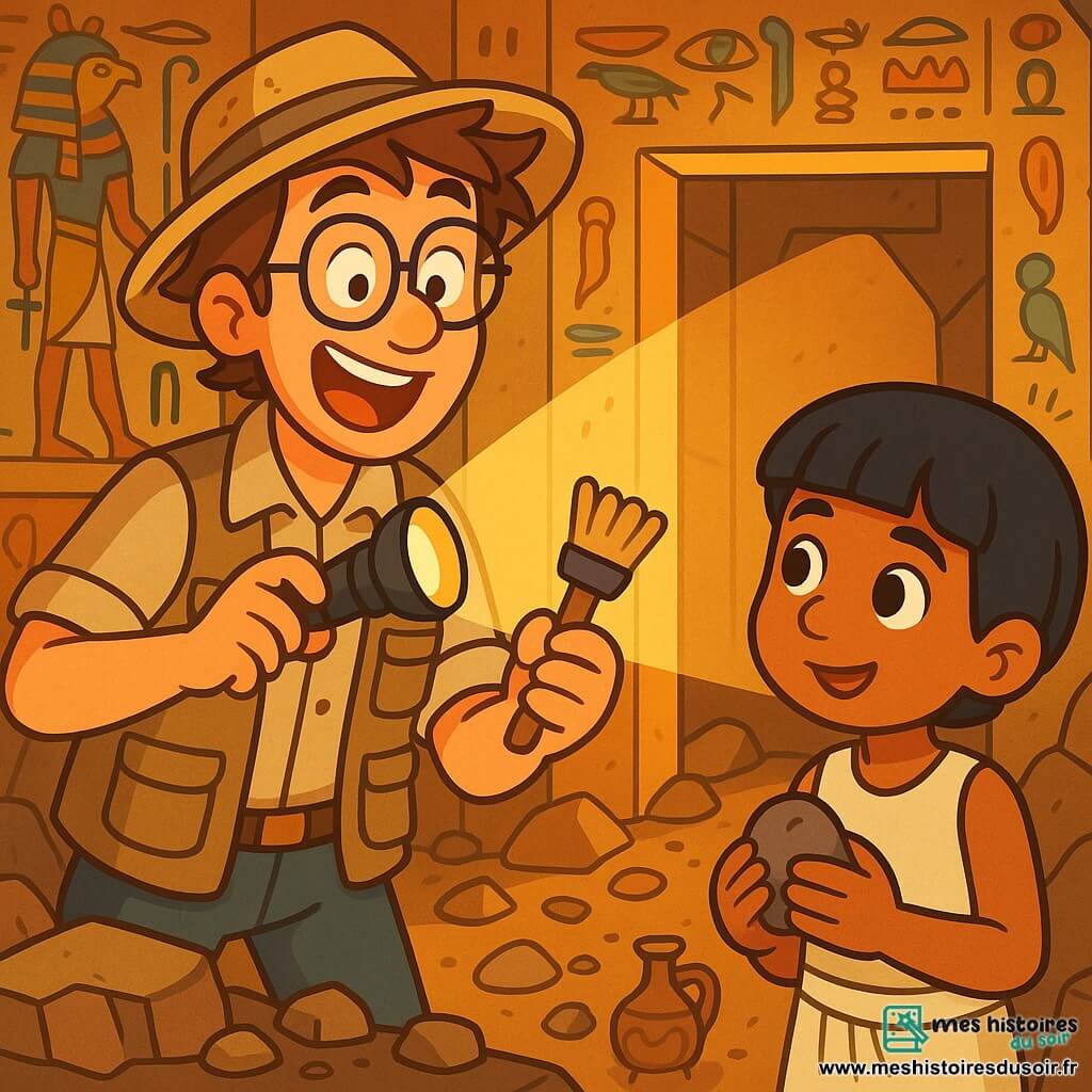 Lucas, un archéologue d'une trentaine d'années avec des cheveux bruns en désordre et des lunettes, exprime excitation et curiosité. Vêtu d'une chemise beige, d'un gilet à poches et d'un chapeau de paille, il tient une lampe de poche et une brosse, prêt à explorer une tombe ancienne. À ses côtés, Ali, un garçon égyptien de 8 ans aux cheveux noirs et aux yeux brillants, l'admire tout en tenant une petite pierre trouvée. La scène se déroule dans une tombe égyptienne ornée de hiéroglyphes et de sculptures. La lumière de la lampe éclaire des débris et des objets mystérieux. Lucas découvre une entrée secrète, surpris, tandis qu'Ali semble inquiet et fasciné par cette aventure.