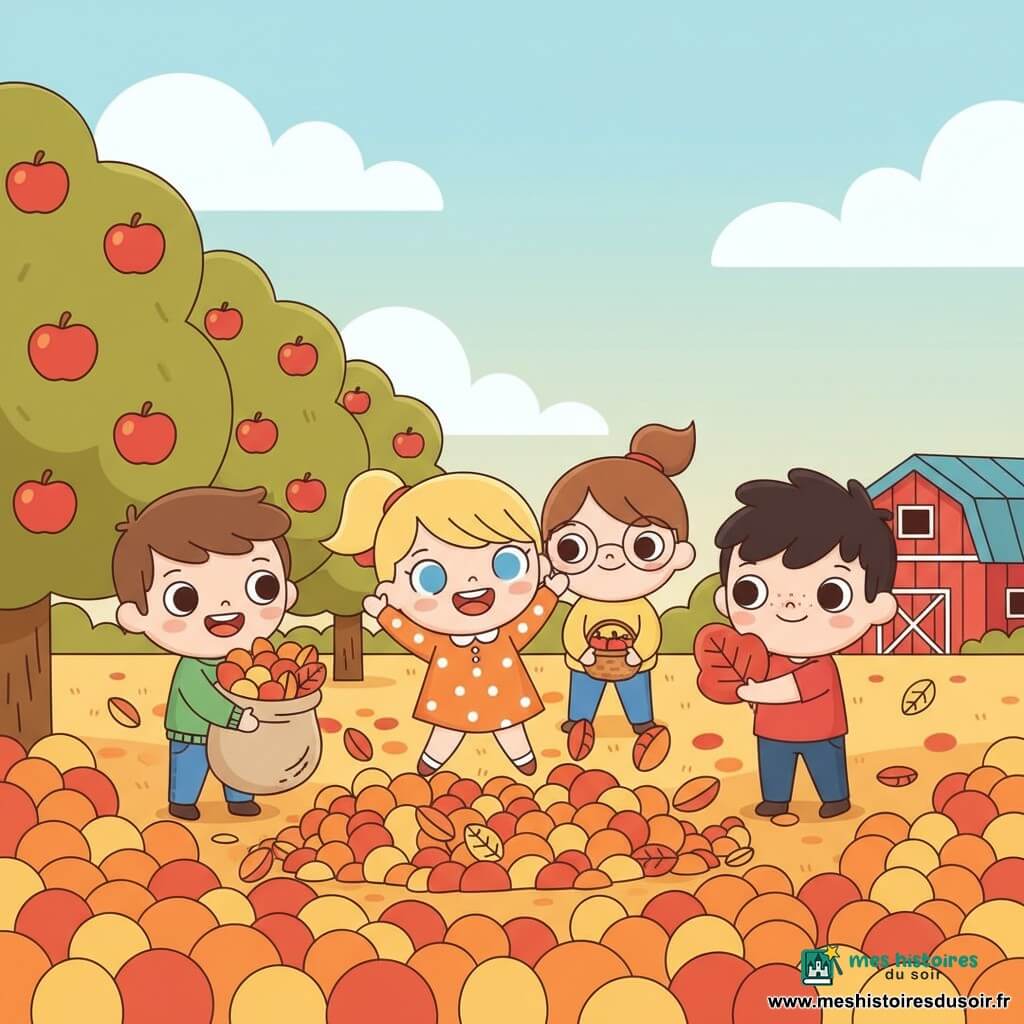 Quatre enfants dans un verger d'automne : Léo, ~8 ans, cheveux bruns courts, pull vert et jean, tient un grand sac de feuilles multicolores et sourit à gauche ; Mia, ~7 ans, cheveux blonds en couettes, robe orange à pois, saute dans un tas de feuilles au centre en riant ; Tom, ~6 ans, cheveux noirs en bataille et taches de rousseur, T‑shirt rouge, montre une grosse feuille rouge à droite ; Éva, ~8 ans, cheveux châtains attachés, lunettes, sweat jaune, tient un petit panier de pommes derrière Mia avec un regard bienveillant. Décor : verger et jardin d'une ferme en automne, sol couvert de feuilles orange, rouges et jaunes, pommiers chargés en arrière‑plan, petite grange rouge à droite, ciel pâle, lumière douce de fin d'après‑midi. Scène joyeuse : enfants jouant avec des feuilles et cueillant des pommes, tas de feuilles au centre, paniers de pommes, style kawaii minimal avec formes arrondies et couleurs vives.