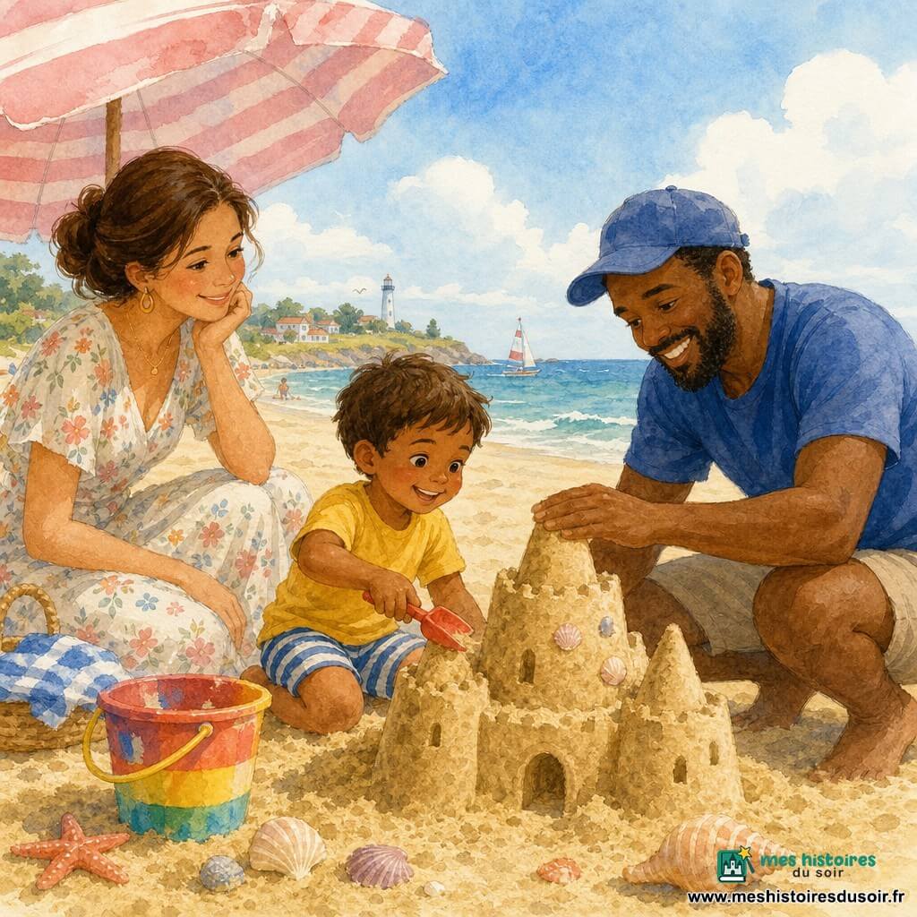 Un garçon de 4 ans joyeux aux cheveux bruns courts en short rayé et t-shirt jaune construit un grand château de sable avec une petite pelle rouge; son père barbu en t-shirt bleu et casquette, accroupi à droite, l'aide en tapotant les tours, tandis que la mère aux cheveux châtain attachés en robe légère à fleurs est assise sous un parasol rayé rose et blanc à gauche, souriante; plage large et dorée avec coquillages et seau coloré, vagues calmes et ciel clair, atmosphère détendue et lumière douce d'été.