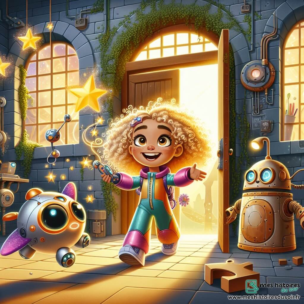 Lila, une fille de 7 ans aux cheveux bouclés et dorés, porte une combinaison futuriste colorée et sourit d'excitation. Elle tient un petit drone en forme d'étoile filante, nommé Astro, qui virevolte autour d'elle. À ses côtés se trouve un robot amical, le Gardien des Secrets, légèrement rouillé mais aux yeux pétillants, qui lui montre une grande porte mystérieuse. L'action se déroule dans un vieux bâtiment abandonné aux murs en briques recouverts de lierre et aux grandes fenêtres brisées laissant passer des rayons de lumière dorée. À l'intérieur, des machines scintillantes et des hologrammes flottent, créant une atmosphère magique. Lila, pleine de curiosité, est prête à résoudre des énigmes pour découvrir le secret d'un projet lumineux qui pourrait sauver sa ville futuriste, tandis que le Gardien des Secrets l'encourage.
