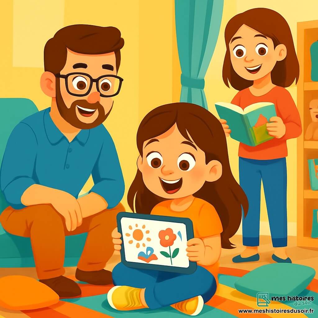 Émilie, une petite fille de 8 ans aux longs cheveux bruns et aux yeux curieux, est assise sur un tapis coloré dans le salon, souriant avec émerveillement en tenant une tablette lumineuse. Son papa, un homme d'une trentaine d'années avec des lunettes et une légère barbe, l'observe avec fierté, tandis que sa maman, une femme d'environ 30 ans aux cheveux châtains, se tient près d'une étagère avec un livre illustré. Le salon est lumineux et accueillant, avec des murs jaunes pastel et des coussins colorés. Émilie découvre sa tablette pour la première fois, fascinée par ses possibilités créatives, entourée de l'amour de ses parents.