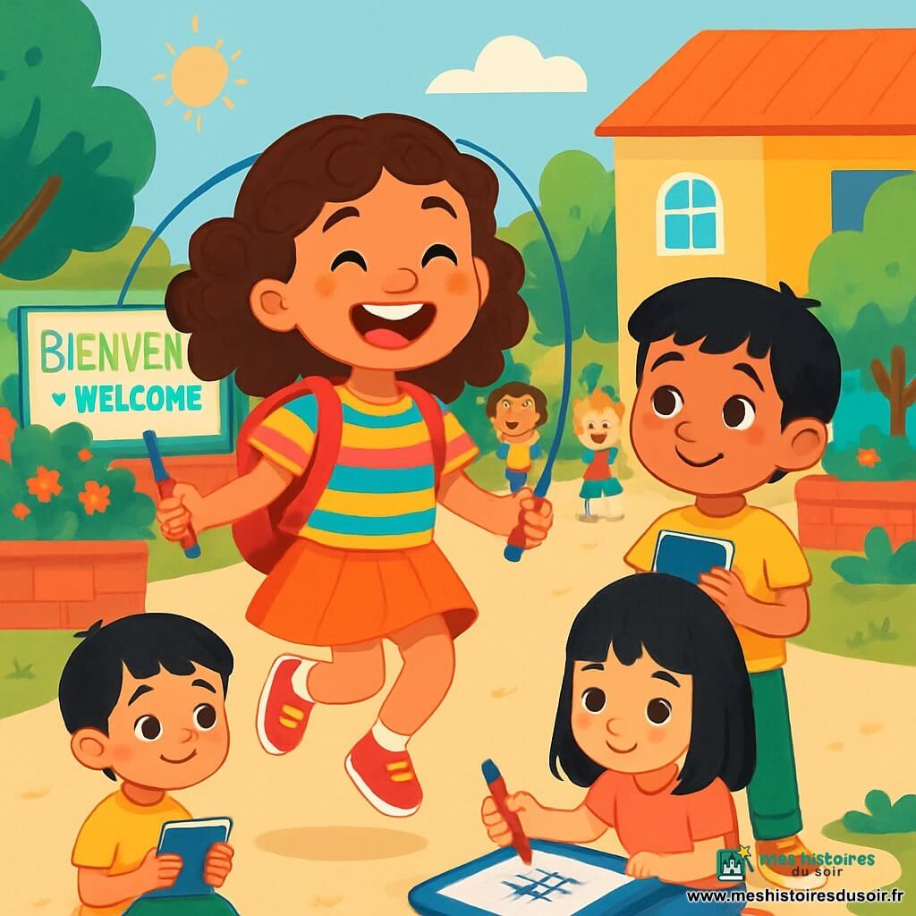 Lina, une fille de 8 ans aux cheveux bruns et bouclés, porte un cartable rouge et un t-shirt à rayures colorées. Elle sourit joyeusement en sautant à la corde dans une cour d'école ensoleillée. À côté, Amir, un garçon de 7 ans aux cheveux noirs et à la peau olive, tient un carnet bleu et l'observe avec admiration. Mei, une fille de 8 ans aux cheveux raides et noirs, est assise sur le sol avec un pinceau d'eau, prête à dessiner des caractères chinois. La cour, entourée de murs colorés, est animée par d'autres enfants jouant et riant. Au fond, un panneau affiche des mots de bienvenue en plusieurs langues. L'ensemble montre Lina et ses amis s'apprêtant à créer une chanson en mélangeant leurs langues et cultures, dans un esprit de tolérance et d'amitié.