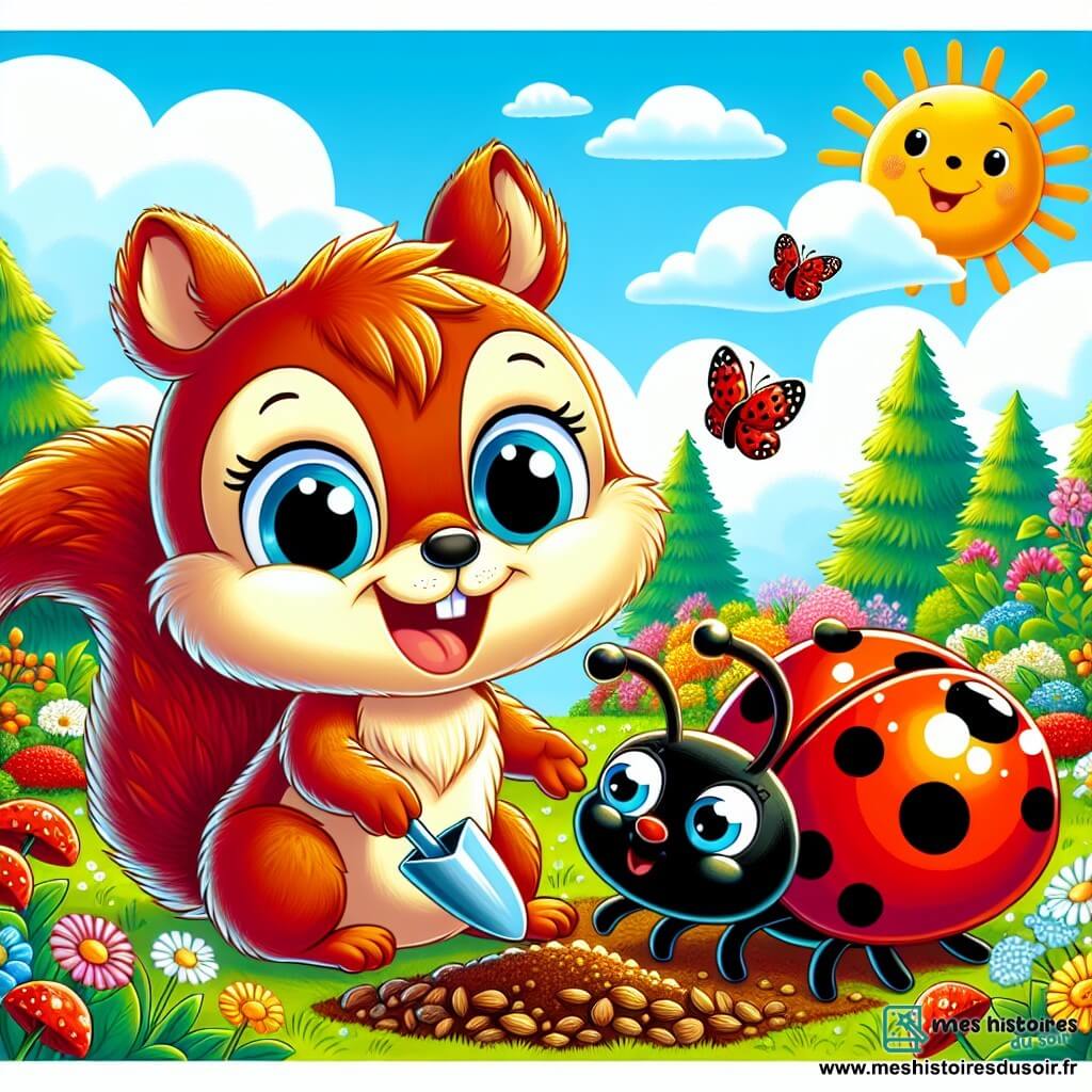 Un petit écureuil nommé Rouquin, avec un pelage roux et de grands yeux curieux, plante des graines dans un jardin ensoleillé, souriant joyeusement. À ses côtés, une coccinelle nommée Lily, rouge à pois noirs, vole avec enthousiasme et encourage Rouquin d'un regard amical. En arrière-plan, un jardin luxuriant avec des fleurs colorées, des arbres verdoyants et un ciel bleu clair parsemé de nuages blancs crée une atmosphère de joie et de renouveau, illustrant le moment où les amis préparent le jardin pour le printemps.