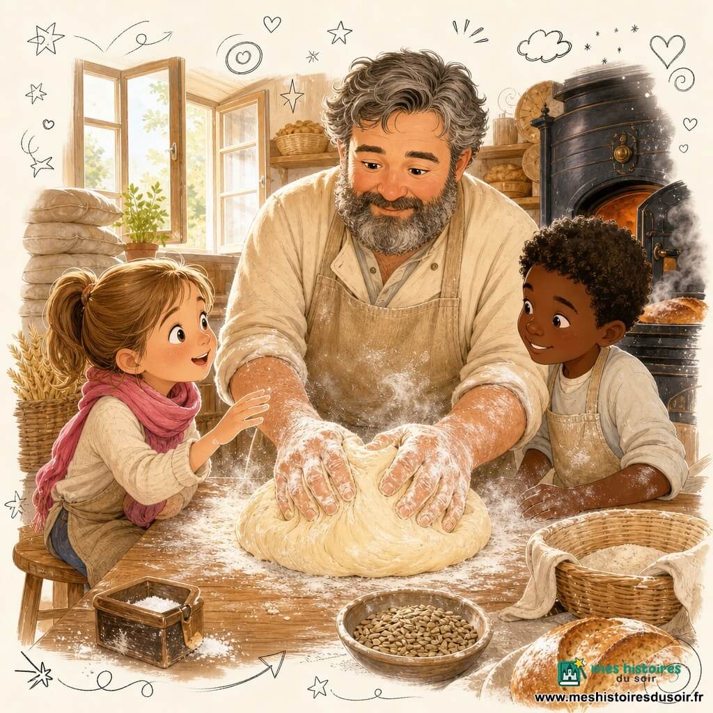 Un boulanger aux traits ronds et barbu, cheveux poivre et sel, expression douce, portant une blouse beige farinée et un tablier en lin, pétrit une grande pâte moelleuse sur une table en bois, les mains couvertes de farine et des nuages de poussière blanche flottant autour; une fillette de 8 ans, Lila, cheveux châtain clair en queue de cheval, écharpe rose, yeux brillants, perchée sur un petit tabouret à gauche, tend la main pour sentir la pâte sans la toucher et regarde émerveillée; en arrière-plan une fenêtre ouverte laisse entrer une lumière douce du matin, des sacs de farine empilés, une grande ardoise noire avec la liste du jour, un four en fonte noir à droite entrouvert laissant échapper une légère vapeur et des paniers en osier poudrés de farine; scène chaleureuse aux couleurs ocres et miel, textures bois grainé, farine poudreuse et pâte humide visibles, style naïf et joyeux, composition centrée sur les mains du boulanger et le visage émerveillé de la fille, le boulanger montre au garçon et à la fille en s'adressant à la fille, avec une petite boîte de sel, des graines de tournesol prêtes à saupoudrer et une croûte dorée en formation dans le four, et un overlay de doodles (petites notes, flèches, étoiles et mots à la craie comme respire, repos) pour renforcer l'aspect pédagogique et enfantin.