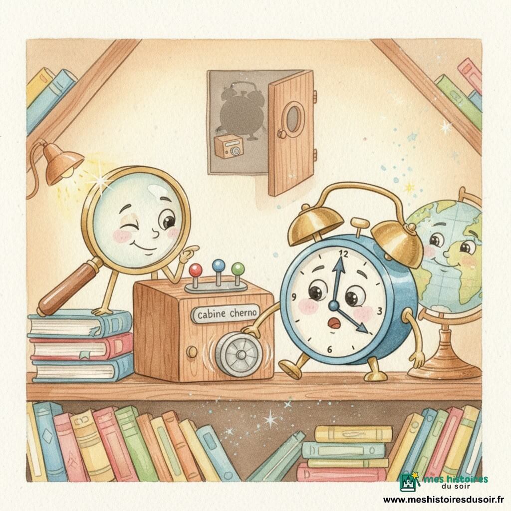 Rémi, petit réveil anthropomorphe en métal bleu et laiton, rond avec deux aiguilles expressives et de petites roulettes, sourit timidement, les yeux grands et un peu nerveux, la patte posée sur la molette brillante d'une cabine chrono en bois (taille boîte à chaussures) équipée de leviers colorés; une loupe anthropomorphe au manche en bois cligne de l'œil et se penche malicieusement sur les livres à gauche, un petit globe peint tourne lentement à droite, et l'étagère encombrée — livres alignés, une loupiote diffusant une lumière chaude et une poussière scintillante — encadre la scène où Rémi hésite à tourner la molette, dans une atmosphère douce, curieuse et magique.