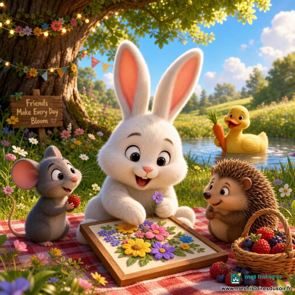 Un petit lapin blanc duveteux aux grandes oreilles roses, yeux brillants et sourire émerveillé, est assis sur une couverture à carreaux en train de composer un tableau de fleurs colorées avec ses pattes; à gauche, une petite souris grise aux joues roses tient une baie et l'admire, à droite un hérisson brun portant un panier de baies se tient près d'un panier ouvert, et à l'arrière-plan un canard jaune flottant dans une petite mare tient une carotte; la scène se situe dans une prairie ensoleillée au milieu d'une forêt avec herbe ondulée, fleurs sauvages, un grand chêne décoré de guirlandes, ciel bleu et lumière dorée d'après-midi; ambiance joyeuse de pique-nique d'été, couleurs vives, textures pelucheuses, lumières chaudes et ombres douces, composition claire et adaptée aux enfants.