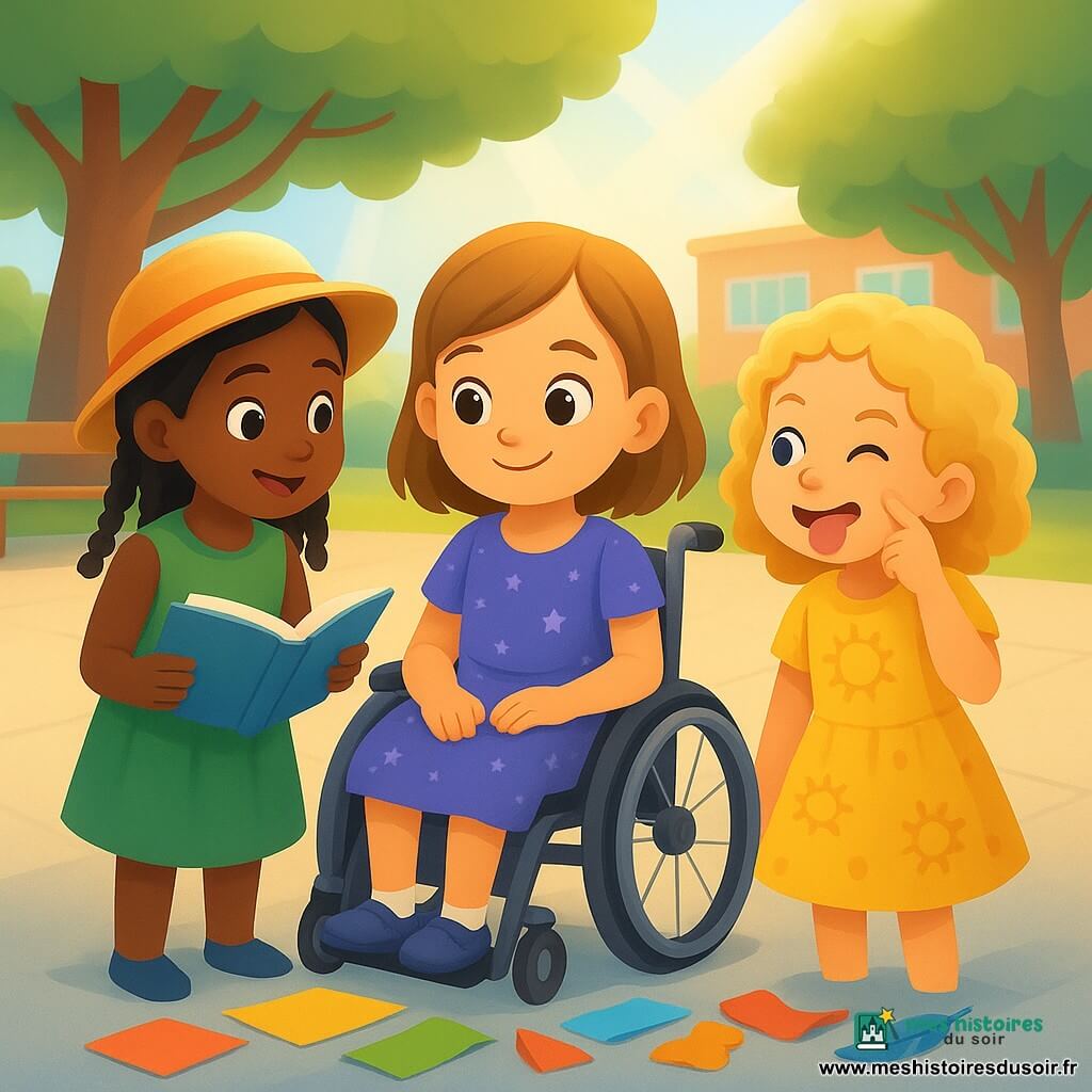 Dans une cour d'école ensoleillée, trois filles de 7 ans préparent un spectacle sur les couleurs et les différences. Lina est au centre, assise dans un fauteuil roulant, portant une robe violette à motifs d'étoiles. Awa, à gauche, tient un livre ouvert, vêtue d'une robe verte et d'un chapeau de paille. Zoé, à droite, fait une grimace amusante, habillée d'une robe jaune à motifs de soleil. Elles sont entourées de feuilles de papier colorées, de morceaux de tissu et d'objets divers. L'ambiance est joyeuse et collaborative, avec des expressions de concentration et de plaisir.