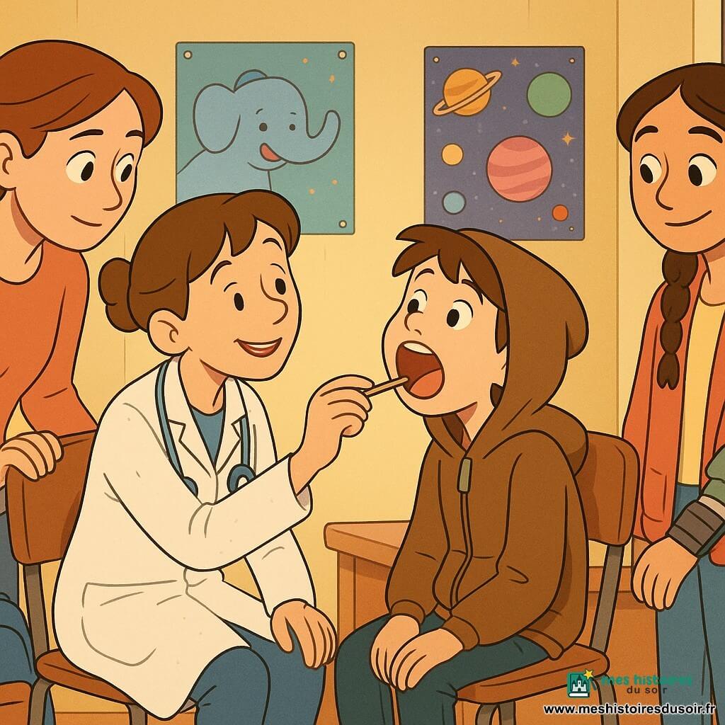 La docteure Salomé, souriante et rassurante, cheveux châtain en chignon, blouse blanche tachée de craie, stéthoscope bleu au cou et coton‑tige en main, examine la gorge de Nino, garçon de 11 ans à la capuche trop grande, bouche ouverte en «Aaaah», sac à dos au sol; Inès, 12 ans, grandes tresses, petite attelle au poignet avec poche de froid, debout près de la porte, sourit timidement; la mère de Nino, cheveux attachés, mains sur le dossier de la chaise, regarde avec attention; petit cabinet pédiatrique chaleureux décoré de posters d’animaux et de planètes, étagère de livres colorés, boîte de pansements illustrés et lampe ronde jaune diffusant une lumière douce; scène conviviale et calme, atmosphère de confiance, dessin animé 2D aux couleurs chaudes et contrastes doux.