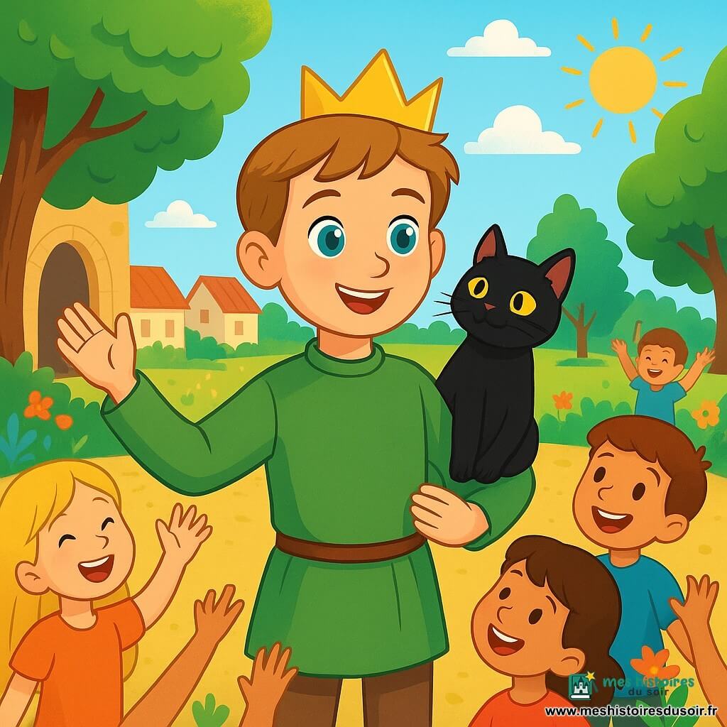 Un jeune prince aux yeux brillants, vêtu d'une tunique verte, se tient au centre de l'image, souriant et saluant une foule de villageois avec grâce. À ses côtés, un chat noir aux yeux dorés observe avec curiosité. En arrière-plan, une cour ensoleillée, ornée de fleurs colorées et de grands arbres, se trouve sous un ciel bleu. Des enfants jouent autour, leurs visages rayonnants de joie. La scène évoque un moment magique où le prince partage une douce mélodie, apportant bonheur et harmonie à tous.