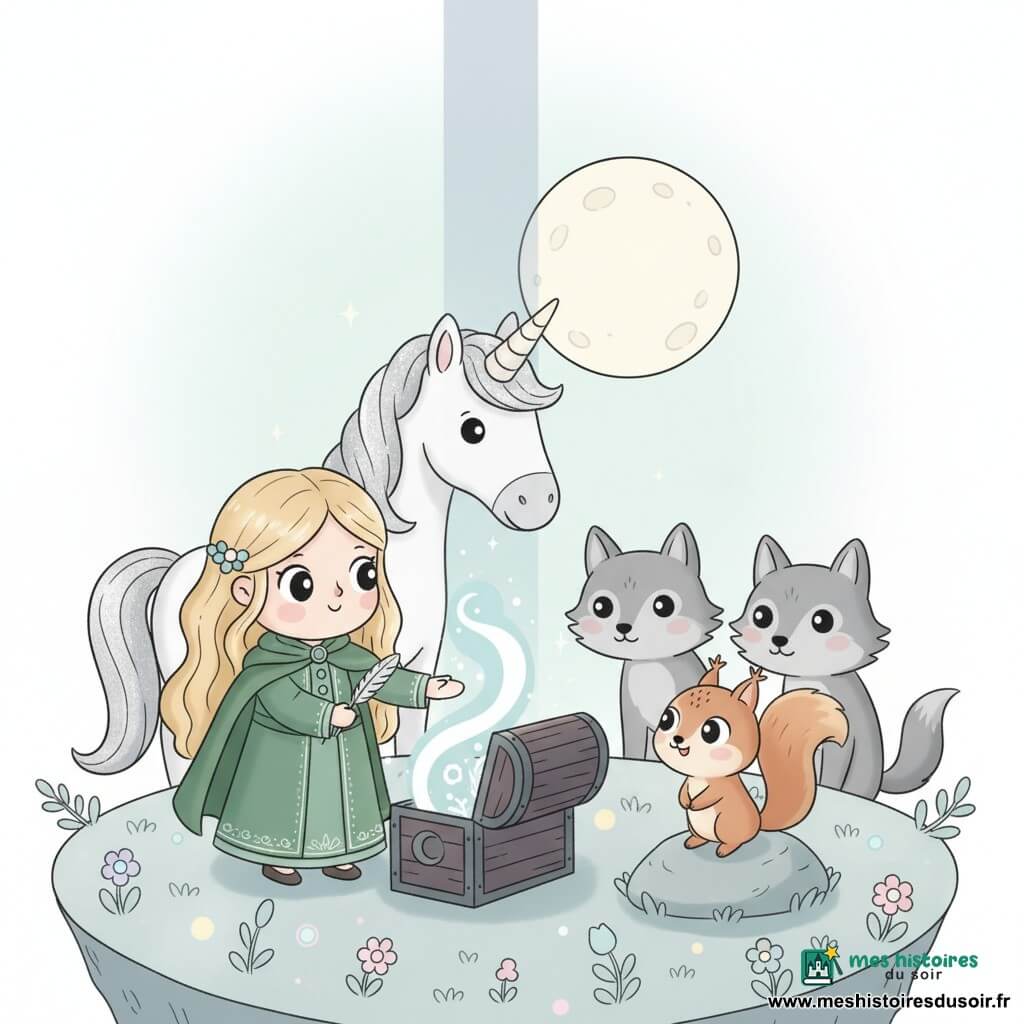 Lysia, jeune fille au sourire ébloui, tend la main vers un petit coffre ouvert; elle porte une longue robe verte brodée d’argent, cape verte et plume argentée, cheveux dorés ondulés; derrière elle, Lira, une grande licorne blanche à crinière argentée, penche le museau vers le coffre; Plumette, petit écureuil roux, est assise sur une pierre, tandis que trois loups gris forment un demi-cercle respectueux; la scène se déroule dans une vallée suspendue sous une pleine lune, herbes argentées et fleurs phosphorescentes, rochers en marches et un rayon de lune exact frappant le coffre en bois sombre gravé d’une lune d’où jaillit une lumière pure qui illumine les visages émerveillés.