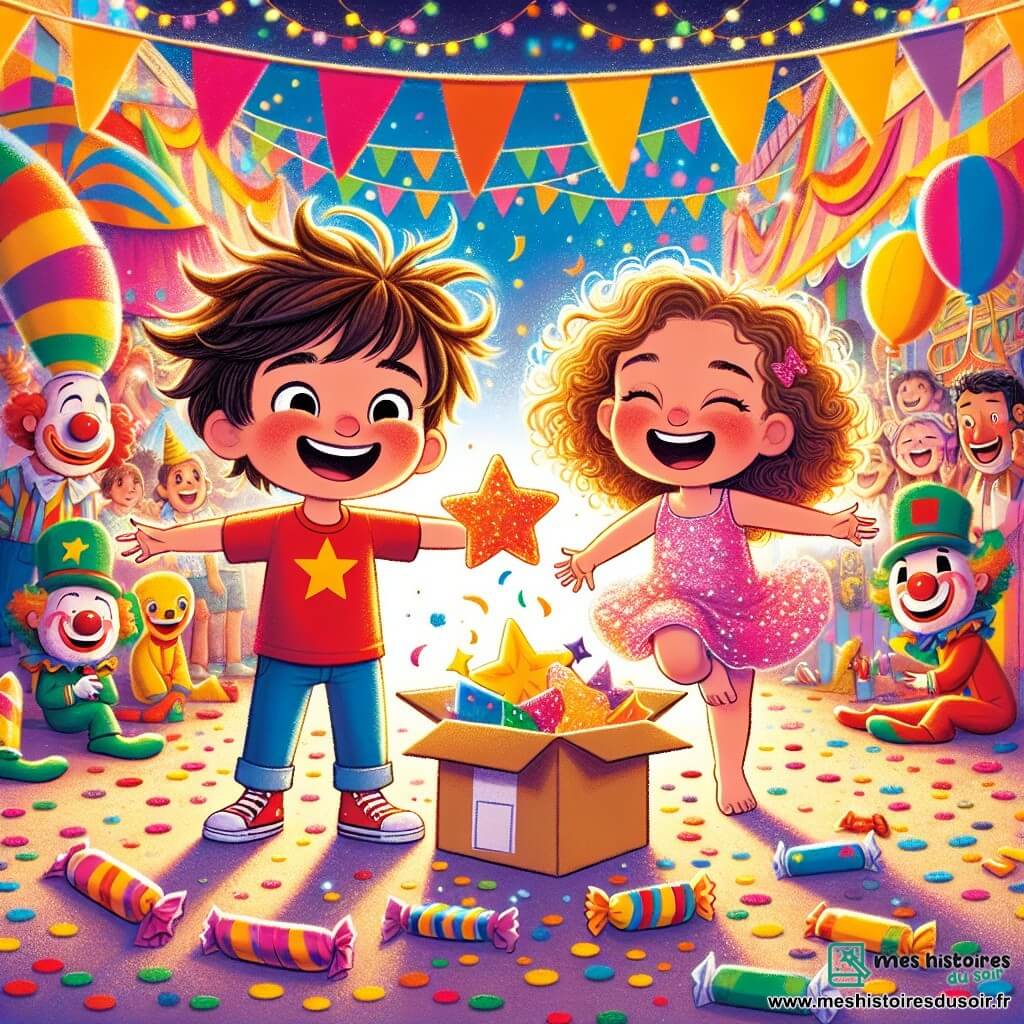 Léo, un garçon de 7 ans avec des cheveux en bataille et un t-shirt rouge, se tient au centre, les bras ouverts et souriant. À sa droite, Mia, une fille de 6 ans en robe rose scintillante, saute de joie avec un bonbon en forme d’étoile. Le décor est une rue animée de Carnaval, ornée de guirlandes colorées et de ballons. Des clowns jonglent en arrière-plan, tandis que des confettis tombent. La scène montre Léo et Mia découvrant une grande boîte en carton remplie de jouets et de bonbons, illustrant l'esprit festif du carnaval.