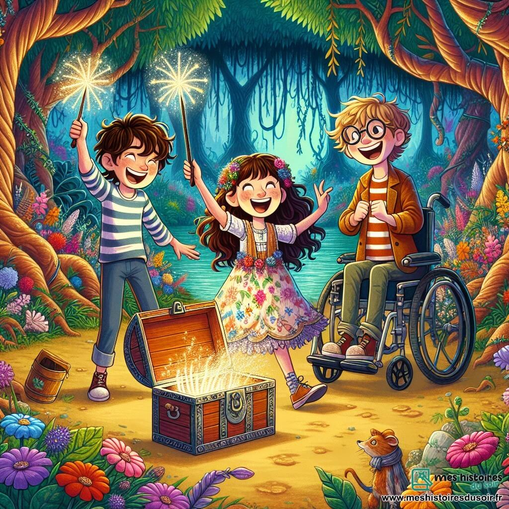 Dans une clairière magique, trois amis se tiennent au centre de l'image. Léa, 8 ans, avec de longs cheveux bouclés et une robe colorée, sourit en tenant une baguette scintillante. À sa droite, Tom, 9 ans, avec des cheveux blonds en bataille et un t-shirt rayé, danse joyeusement. À gauche, Hugo, 10 ans, aux cheveux bruns et portant des lunettes, est assis dans son fauteuil roulant, riant tout en tenant un livre de sorts. La clairière est entourée d'arbres épais et de fleurs colorées, créant une ambiance enchantée. Un vieux coffre en bois, légèrement ouvert, laisse entrevoir des objets magiques. Les amis viennent de transformer un caillou en une gigantesque sucette multicolore, tandis que des bulles de magie flottent autour d'eux.