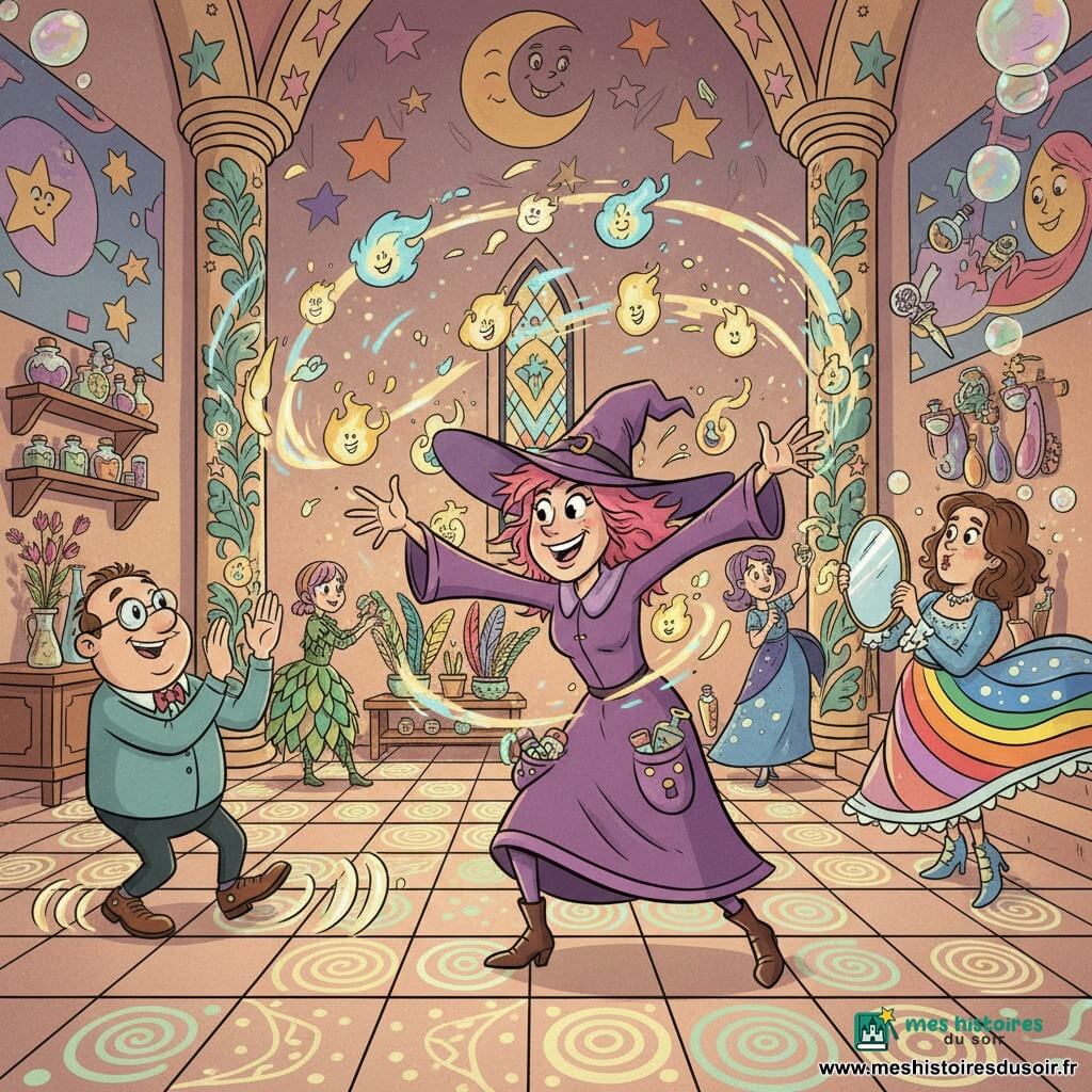 Zoé, sorcière adulte aux cheveux roses en bataille, grand chapeau de travers et robe violette aux poches pleines de bibelots, tend les bras pour attraper des feux follets lumineux dorés et bleus; à gauche Simon, maire jovial d'environ 45 ans au visage rond et lunettes, tape des mains pour diriger les esprits vers elle; derrière, Lila, jeune sorcière en robe verte feuille, range des plumes de phénix, tandis qu'Iris, sorcière d'âge moyen en robe arc-en-ciel, tient un miroir enchanté qui répand des éclats colorés près d'une colonne, et Saphira, pétillante en robe bleue couverte de bulles, attrape une fiole volante depuis une marche; le tout se déroule dans un grand hall de mairie enchantée aux fresques colorées, colonnes sculptées, étagères de fioles et sol en carreaux changeant de motifs, dans une atmosphère ludique de chaos joyeux avec objets flottants et mouvements virevoltants.