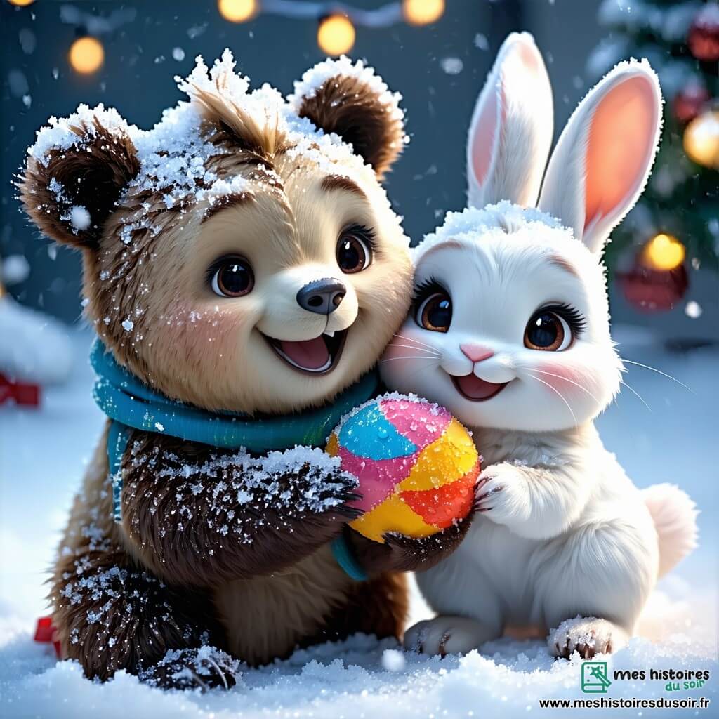 Un ourson nommé Pompom, avec un pelage doux et brun, se tient au centre de l'image, souriant joyeusement tout en frottant un jouet coloré, entouré de flocons de neige. À sa droite, Lili la Lapine, au pelage blanc, admire Pompom en tenant un seau de biscuits de Noël. À sa gauche, Max le Renard, au pelage roux, rit en partageant une blague, tenant une brosse. Le décor est un magasin de jouets chaleureux, rempli de jouets colorés et de guirlandes scintillantes, avec une lumière dorée provenant d'une grande fenêtre. La scène évoque l'esprit de Noël, où Pompom et ses amis nettoient joyeusement les jouets dans une ambiance festive.