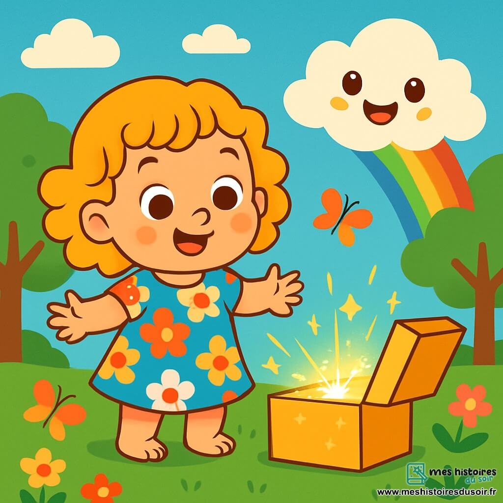 Une petite fille de 2 ans, aux cheveux bouclés et dorés, avec de grands yeux pétillants, se tient dans un jardin ensoleillé. Elle porte une robe à fleurs colorées et sourit devant une boîte brillante. À côté d'elle, un petit nuage arc-en-ciel, amical et espiègle, flotte joyeusement. Le jardin est rempli de fleurs multicolores, de papillons et d'arbres verdoyants, sous un ciel bleu clair. La scène montre la petite fille découvrant la boîte magique, avec le nuage dansant autour d'elle, créant une atmosphère de joie et de surprise.
