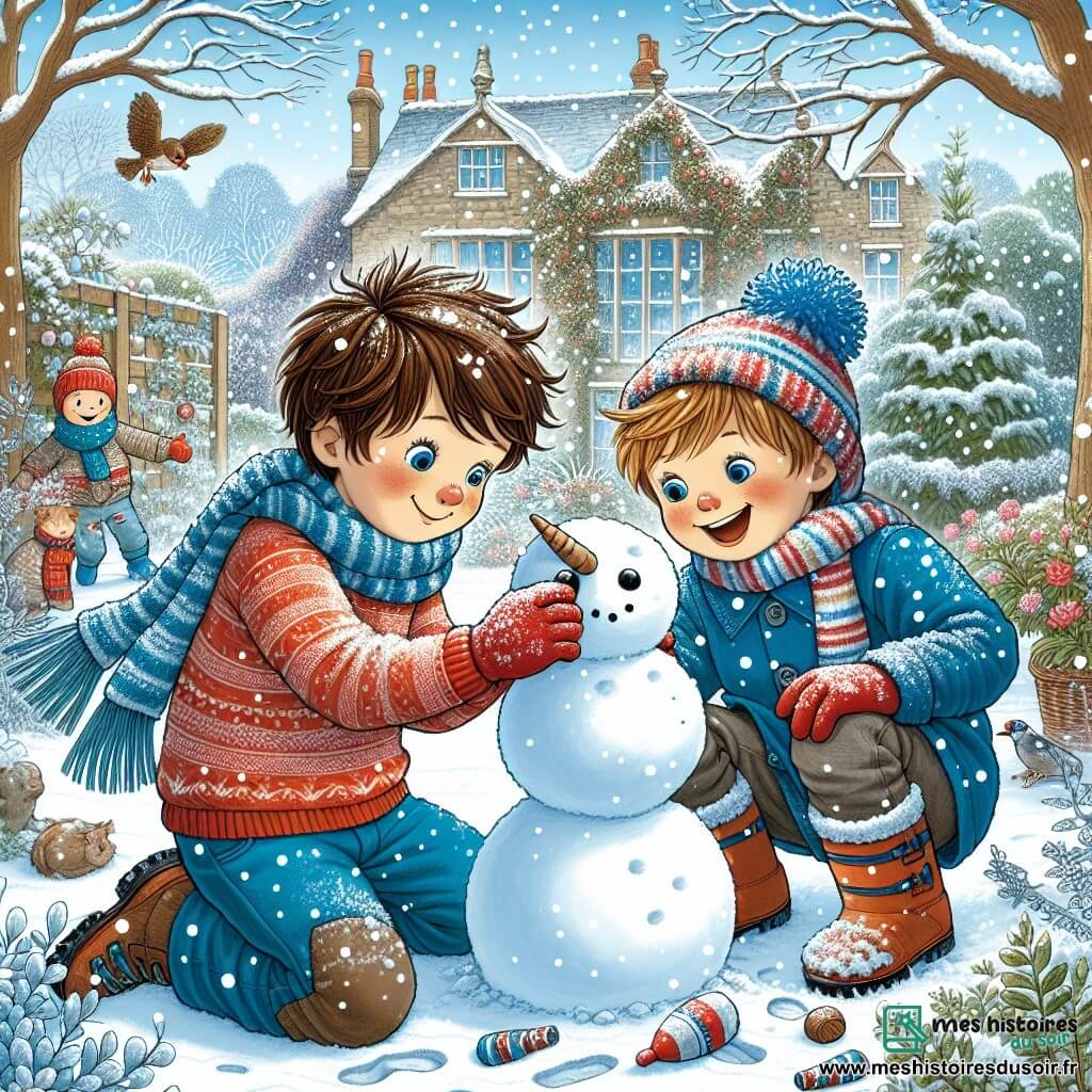 Un garçon de 9 ans, Lucas, avec des cheveux châtains en bataille et des yeux pétillants, construit un bonhomme de neige dans un jardin enneigé. Il porte un pull rouge, un pantalon de neige bleu et un bonnet à pompon, son visage rayonnant d'excitation. À ses côtés, Tom, également âgé de 9 ans, aux cheveux blonds et joues rosies, l'aide en ramassant des boules de neige, riant en lançant une boule vers Lucas. Le jardin est un paysage hivernal enchanteur avec des arbres chargés de neige et des flocons tombant du ciel. La scène montre les deux garçons s'amusant à créer un bonhomme de neige, symbolisant l'amitié et la joie de l'hiver.