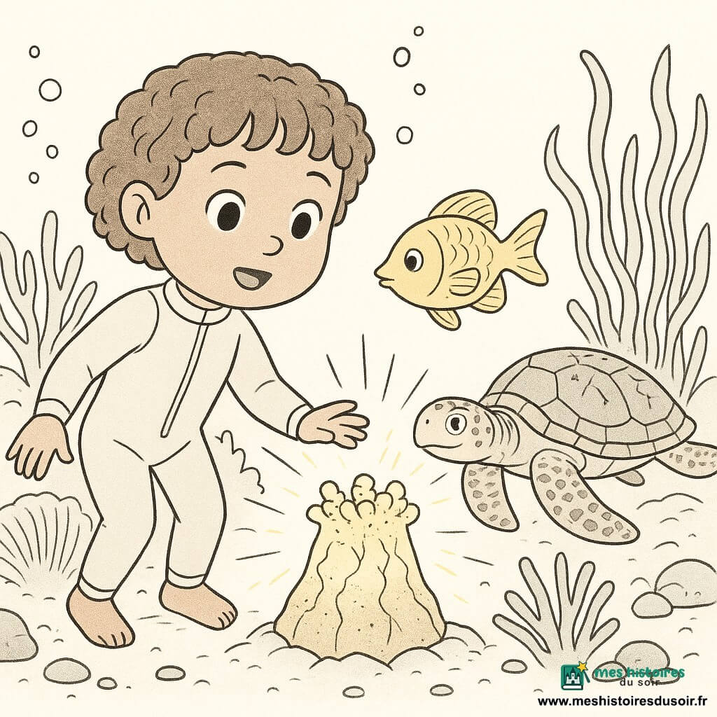 Fille de 4 ans aux cheveux courts bouclés et frange, visage rond et yeux curieux, expression émerveillée, portant une petite combinaison de plongée et tendant la main vers une cloche de corail centrale, légèrement lumineuse, fissurée et couverte de petites anémones diffusant des lignes de lumière; un poisson jaune vif aux écailles dessinées en traits fins nage à sa droite en relevant une nageoire; une tortue marine à carapace texturée avec motifs en croix avance lentement derrière la cloche comme pour la guider; la présence du père est suggérée par quelques bulles montant vers la surface; décor marin clair avec coraux en éventail, grandes algues ondulantes, grains de sable pointillés et petits rochers arrondis; style line art à l’encre fine, traits délicats et précis, hachures pour les ombres, contours nets, composition simple et lisible pour enfants, contraste marqué entre personnages et décor.