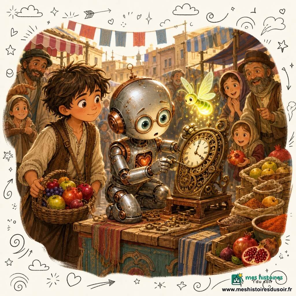 Rafi, un petit automate en métal poli et cuivre au cœur apparent et grands yeux en verre, accroupi pour réparer une vieille horloge à engrenages sur un étal de marché ancien; Lumi, une luciole jaune-vert qui éclaire l'horloge; Émile, garçon d'environ 9 ans en lin beige et gilet brun, souriant et tenant un panier de fruits; autour, marchands et passants en habits d'époque offrant des fruits et observant avec curiosité; décor de marché animé avec étals en bois peints, tissus rayés, caisses de fruits et sacs d'épices sous une lumière solaire dorée, ambiance bienveillante et couleurs chaudes, composition centrée sur Rafi, l'horloge et Lumi dans un style doux et net pour enfants.